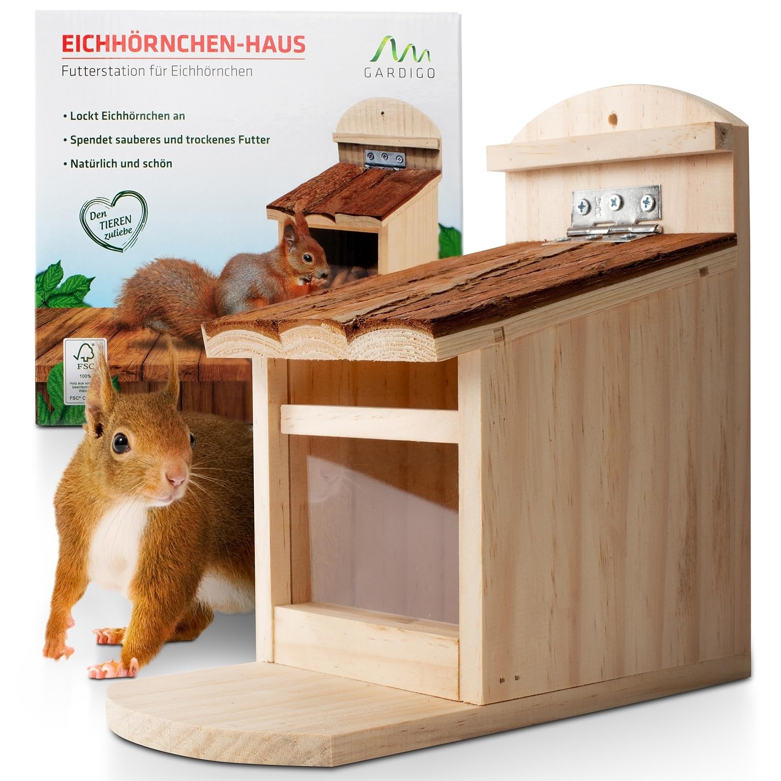 GARDIGO Eichhrnchen Futterhaus aus Holz I Stabiles Holz mit Rindendach I  Wetterfeste Futterstelle zum Aufhngen I Geschtztes Glas I Futterspender  zum Eichhrnchen fttern I Nussspender : Amazon.de: Garten