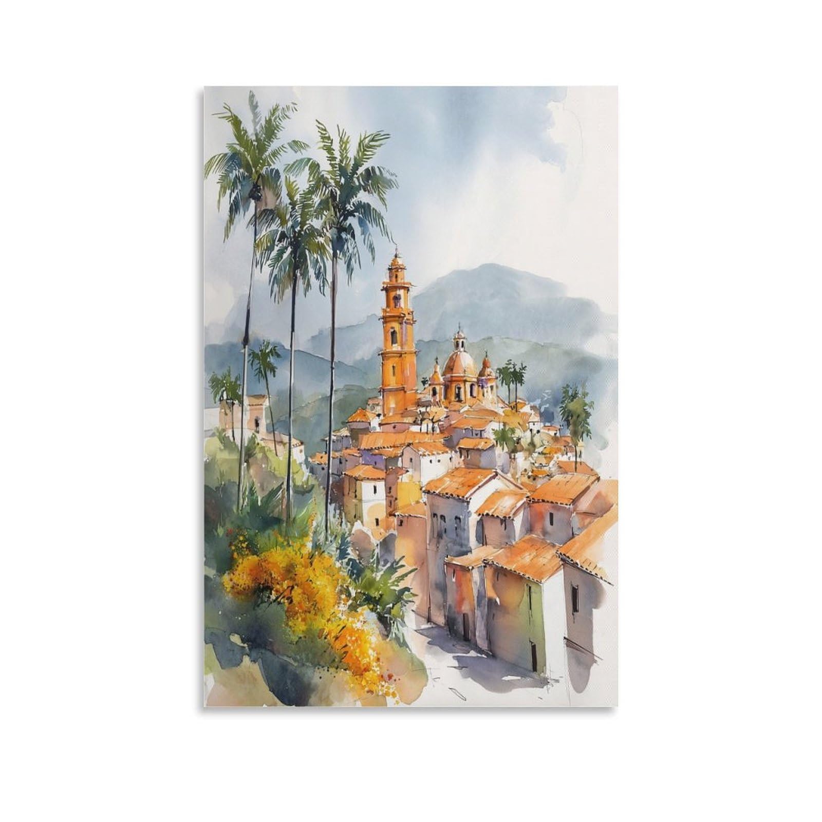 Cnaheiz Unframe-Style San Salvador Watercolor Painting El Salvador Cityscape Travel Print 24X36inch(60X90cm) Vintage Watercolor Canvas Art