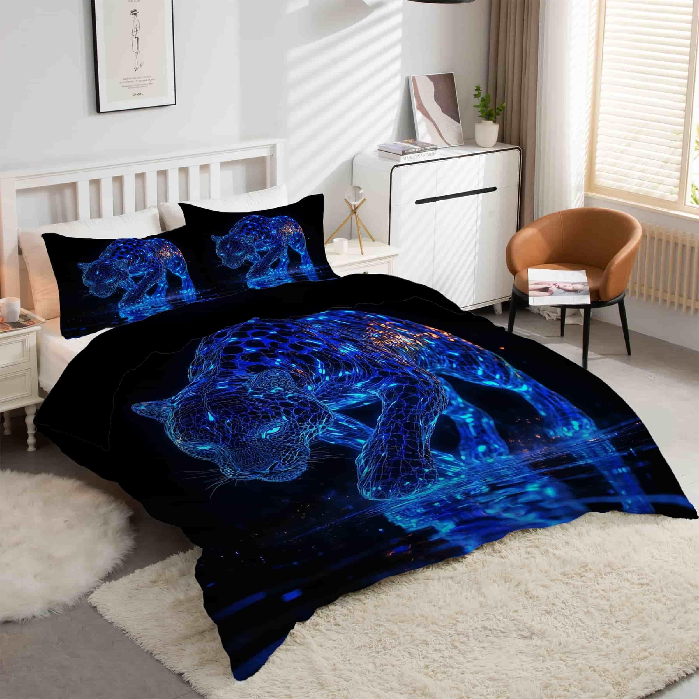 Housse de couette 240x260 tigre bleu anti-plis avec fermeture éclair pratique