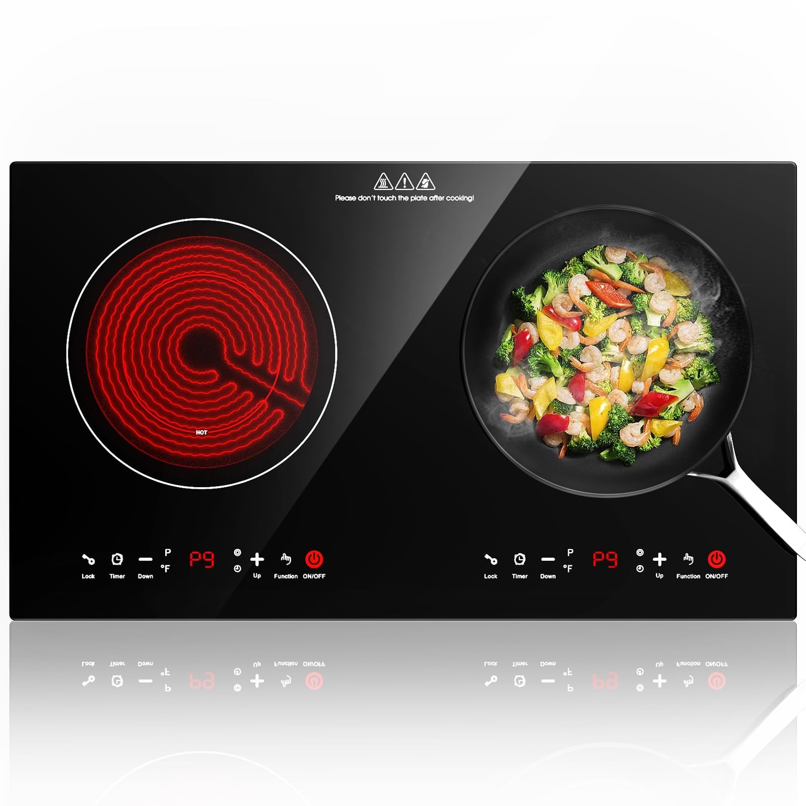 Placa Vitrocerámica 2 Fuegos 3600W, Placa de Cocción Eléctrica 60cm con 9 Niveles de Potencia, Temporizador 4H, Compatible con Todas las Ollas, Encastrable o Sobremesa