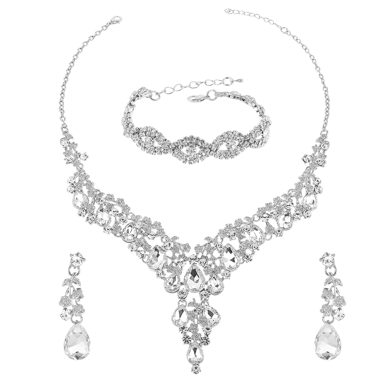 DIVINA VITAE Joyería Nupcial de Cristal para Mujer Collar con Colgante de Diamantes de Imitación Pendientes Pulsera Joyería de Boda Collar de Cristal Brillante Conjunto de Joyería para Vestido de Novia