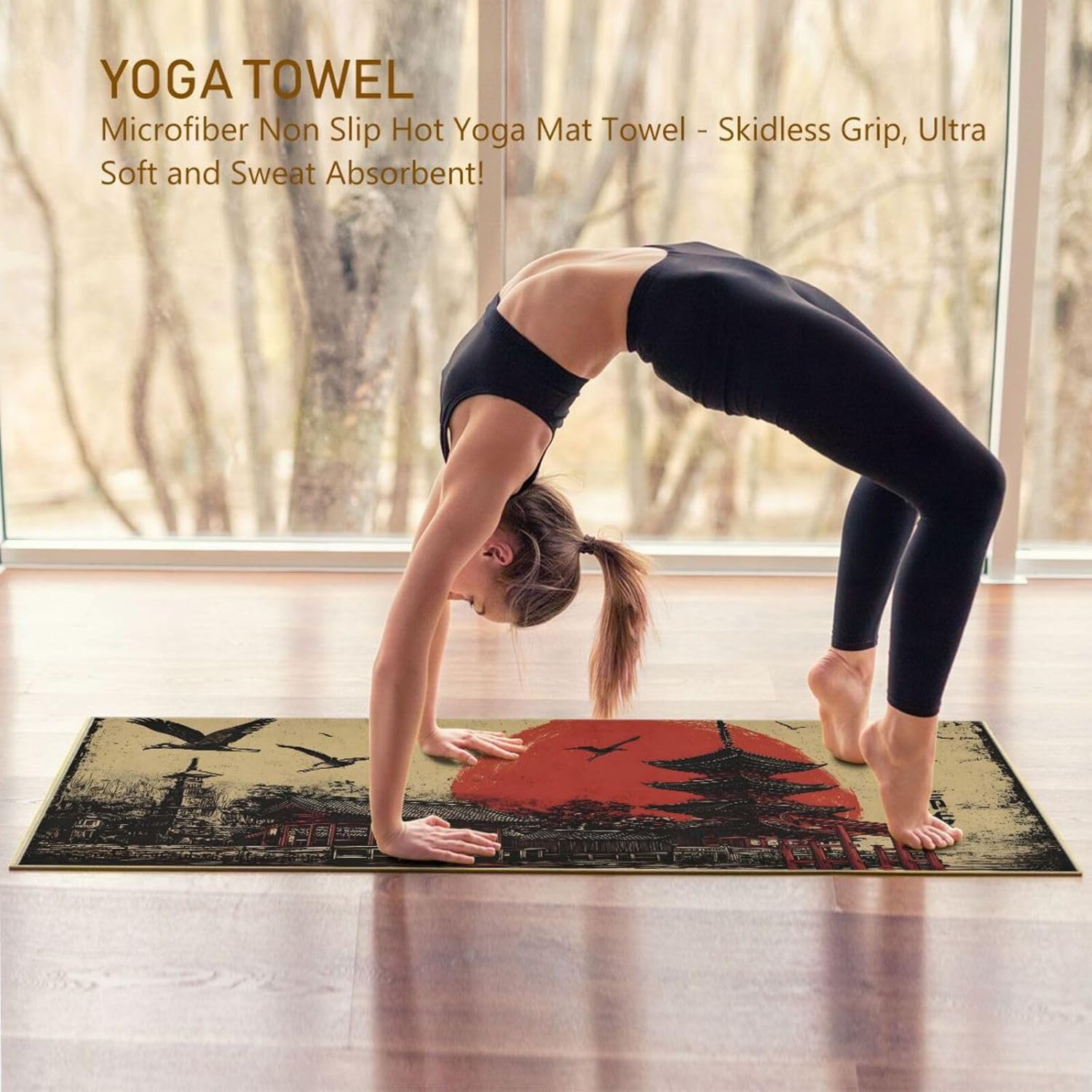 Kyoto Vintage Yoga Mat Towel with Silicone Grip Dot – 73"x27" Non-Slip Sweat Absorbent Microfiber Yoga Towel for Home Gym Studio