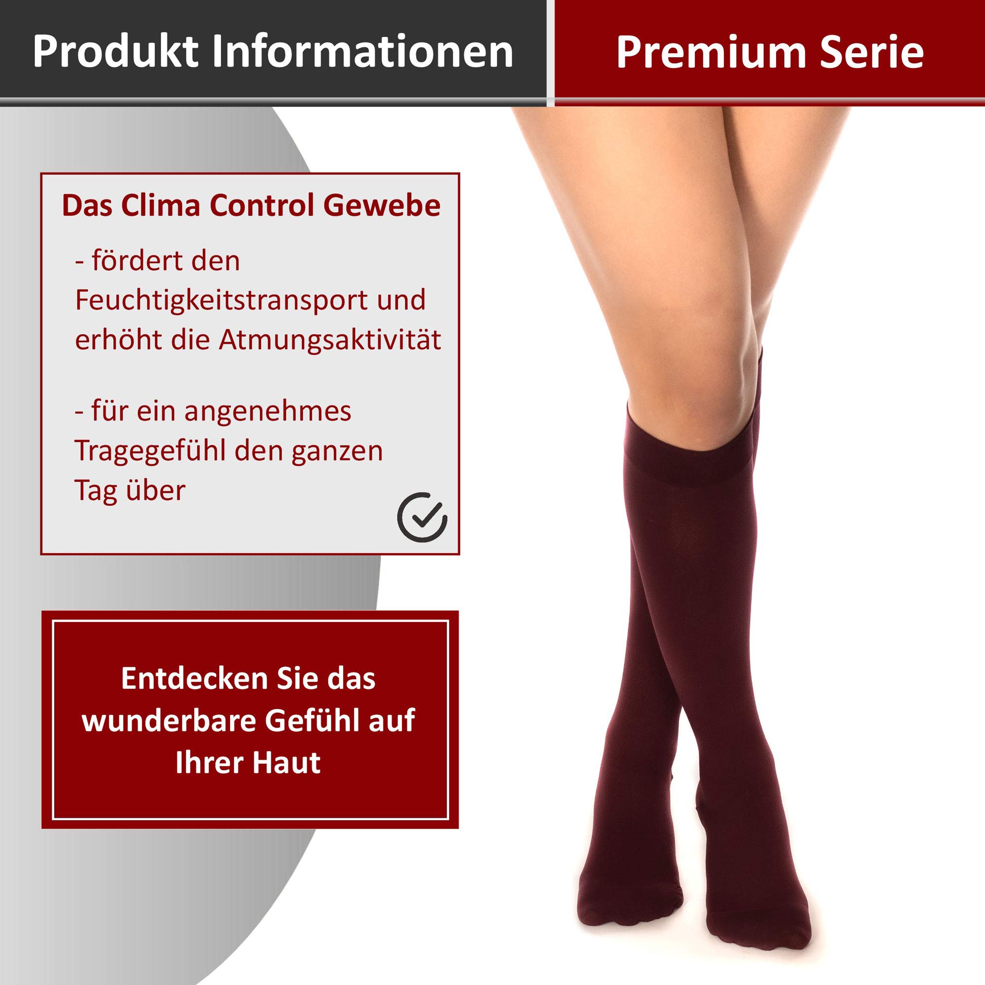 RIEMTEX medizinische Kompressionsstrümpfe Klasse 2 CCL2 23-32 mmHg Wadenstrümpfe für Damen Geschlossene Spitze PREMIUM Serie 3211a (Größe 6, Burgundy)