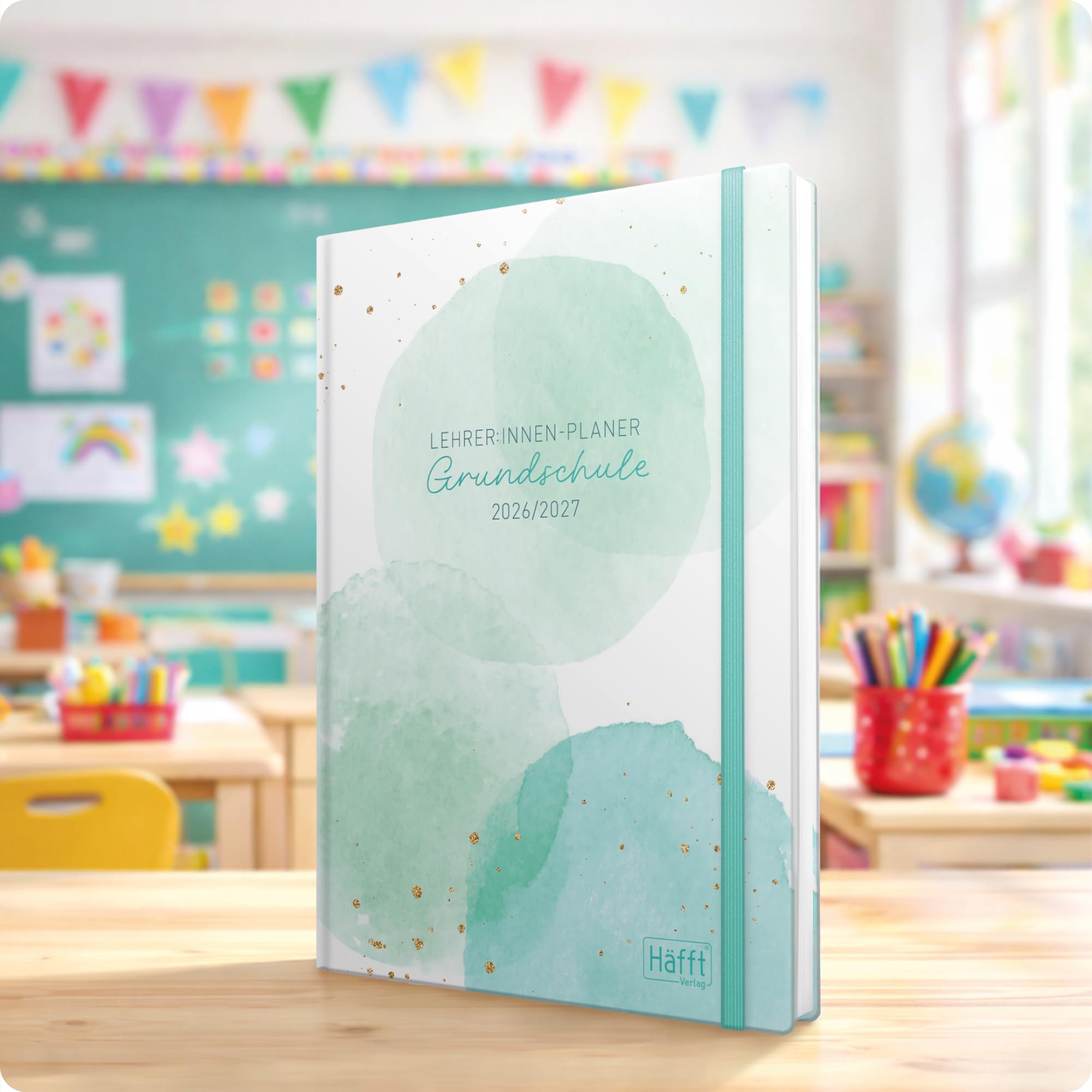 Häfft® Lehrerplaner Grundschule 2026/2027 im A4+ Format Hardcover - Schuljahr 12 Monate (Aug 26 - Jul 27) Lehrerkalender & Unterrichtsplaner für Klasse 1–4 "Watercolor Dots"