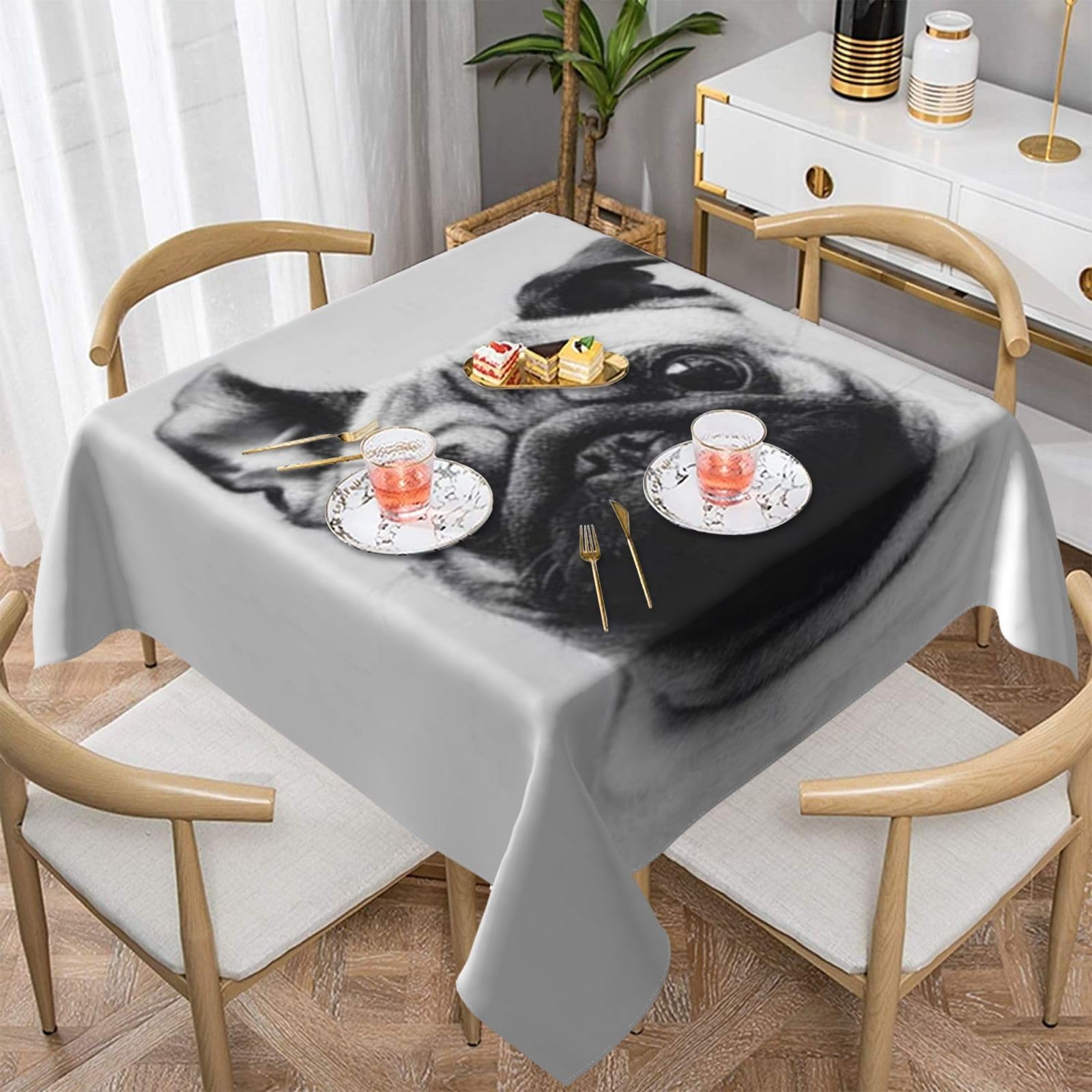 DCEHGEW Pug Prints Square Tablecloth 152x152 CM, Waterproof Fabric Table Cloth for Dining Table, Farmhouse Table Cover for Kitchen Dining Tabletop Decoration