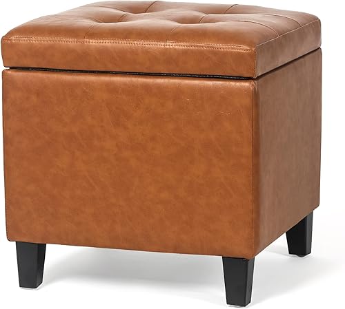 Adeco Otomanas de Almacenamiento de 45 cm de Cuero en Forma de Cubo Naranja para Sala de Estar