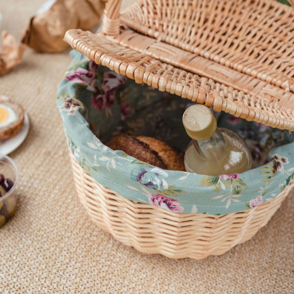Arthur Cameron - Petit panier de pique-nique ovale en saule avec poignée, couvercle à double ouverture et doublure en coton amovible et lavable – Classique, traditionnel, vintage, mini panier de