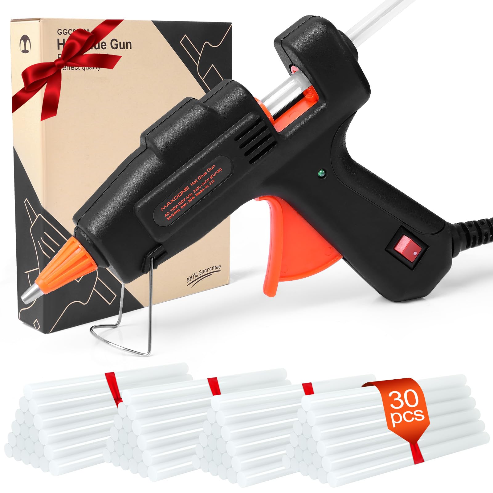 Feuerfest Heißklebepistole mit 30 Heißklebesticks 7mm Klebesticks, Klebepistole Heissklebepistole für DIY Kleine Handwerk schnelle Reparaturen in Haus & Büro - MAXDONE 20W Klebepistolen Schwarz