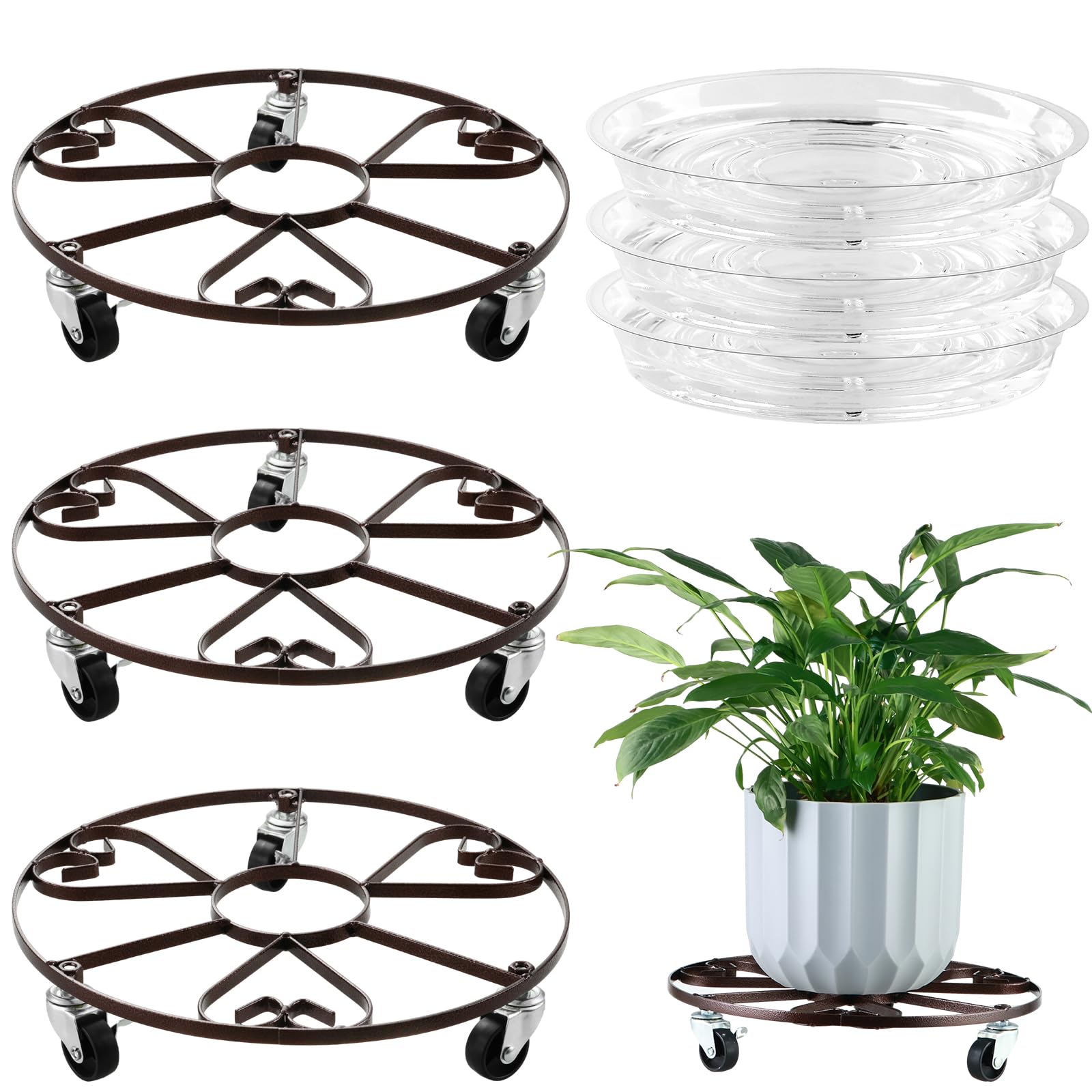 3-Pack 13" Metal Rolling Plant Stand With Wheels for Indoor Outdoor, Heavy Duty Caddy, Iron Dolly With Metal Casters, Heart Style Roller With Clear