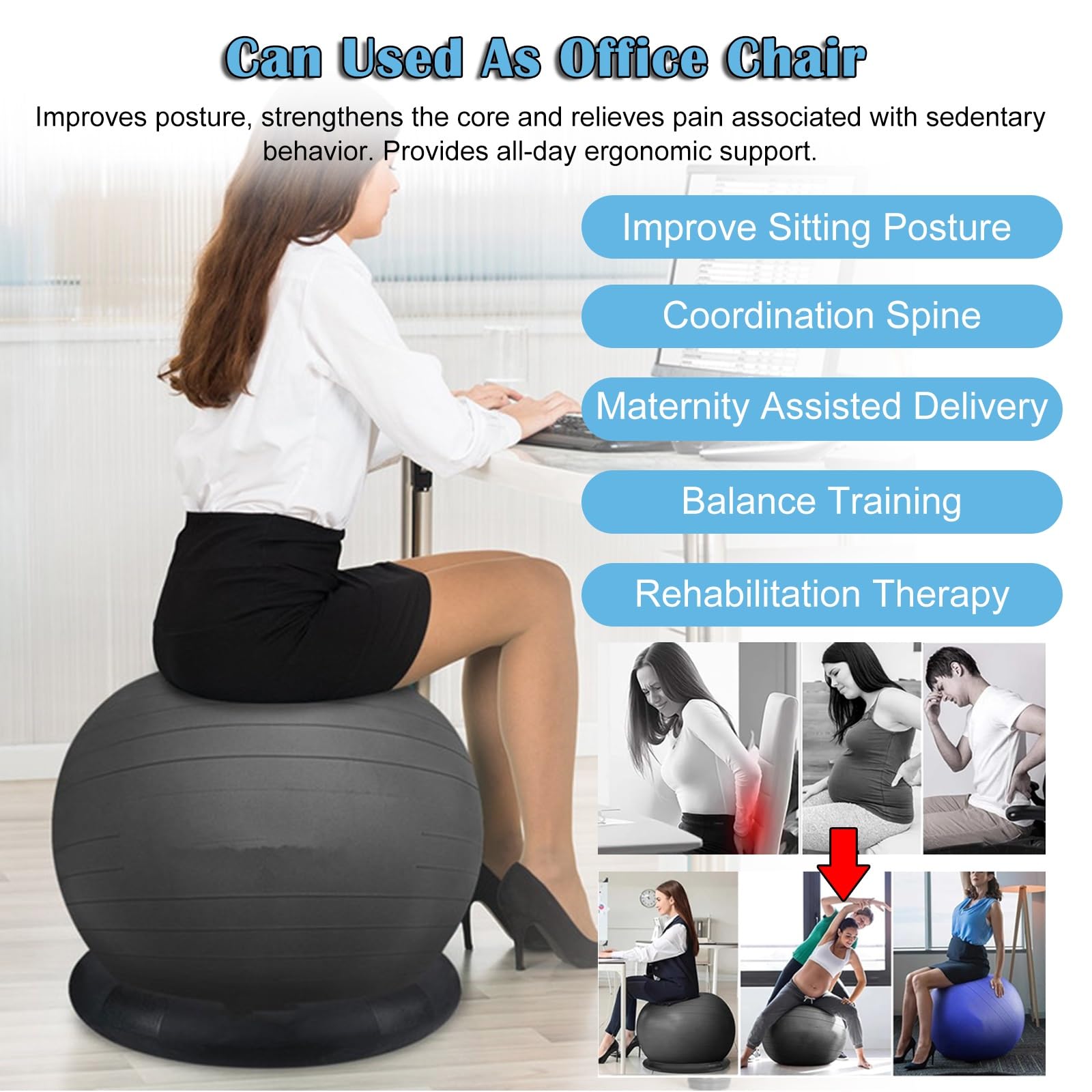 RENLXFI Large Yoga Ball Chair for Sitting at Desk, Lightweight Birthing Ball/Stability Ball/Balance Ball Seat Office Chair, Self-Standing Ergonomic Exercise Ball Chairs(Diameter 55cm(21 3/5 inch))