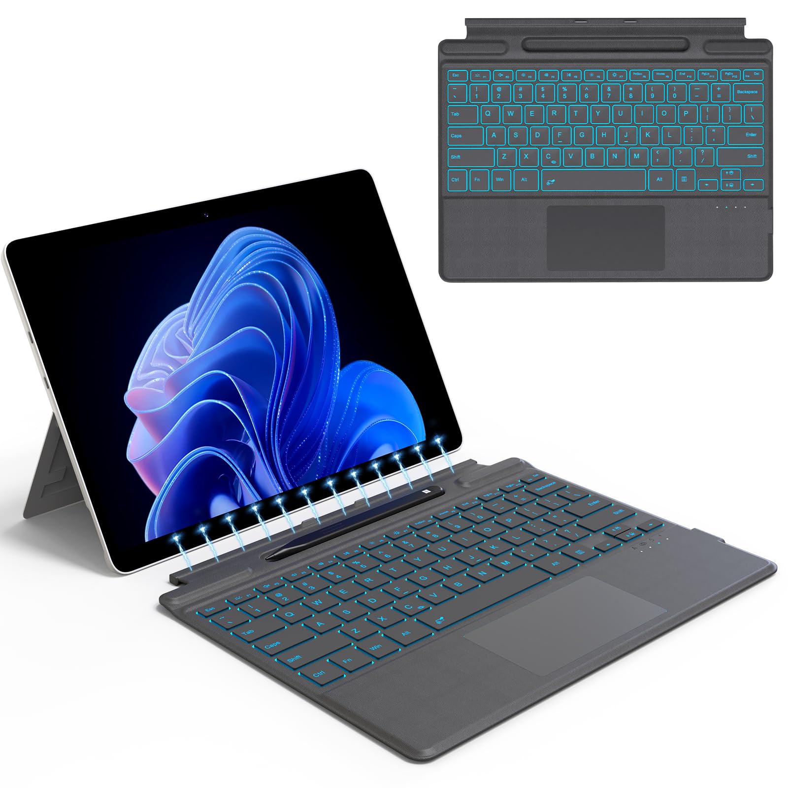 Foeytaody for Microsoft Surface Pro 11/10/9/8/X Keyboard, Bluetooth Wireless Magnetic Keyboard with Palm Rejection Touchpad, Rechargeable Battery, 7-Color Backlit, Pen Holder for Surface Pro 13inch