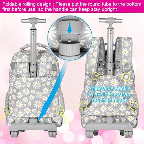 Miniatura 6 de AGSDON Mochila con ruedas para niñas, bolsa de libros con ruedas enrollables, mochila escolar con ruedas para computadora portátil con ruedas para