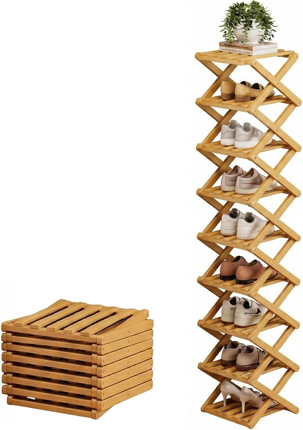 The 9-Tier No-Assembly Bamboo Rack, 2026 New 9 Tier Bamboo Shoe Rack Foldable Vertical Organizer Foldable Accordion Slim Shoe Shelf No-Assembly Bamboo Rack for Shoes, Books, Plants (9th Floor Yellow)