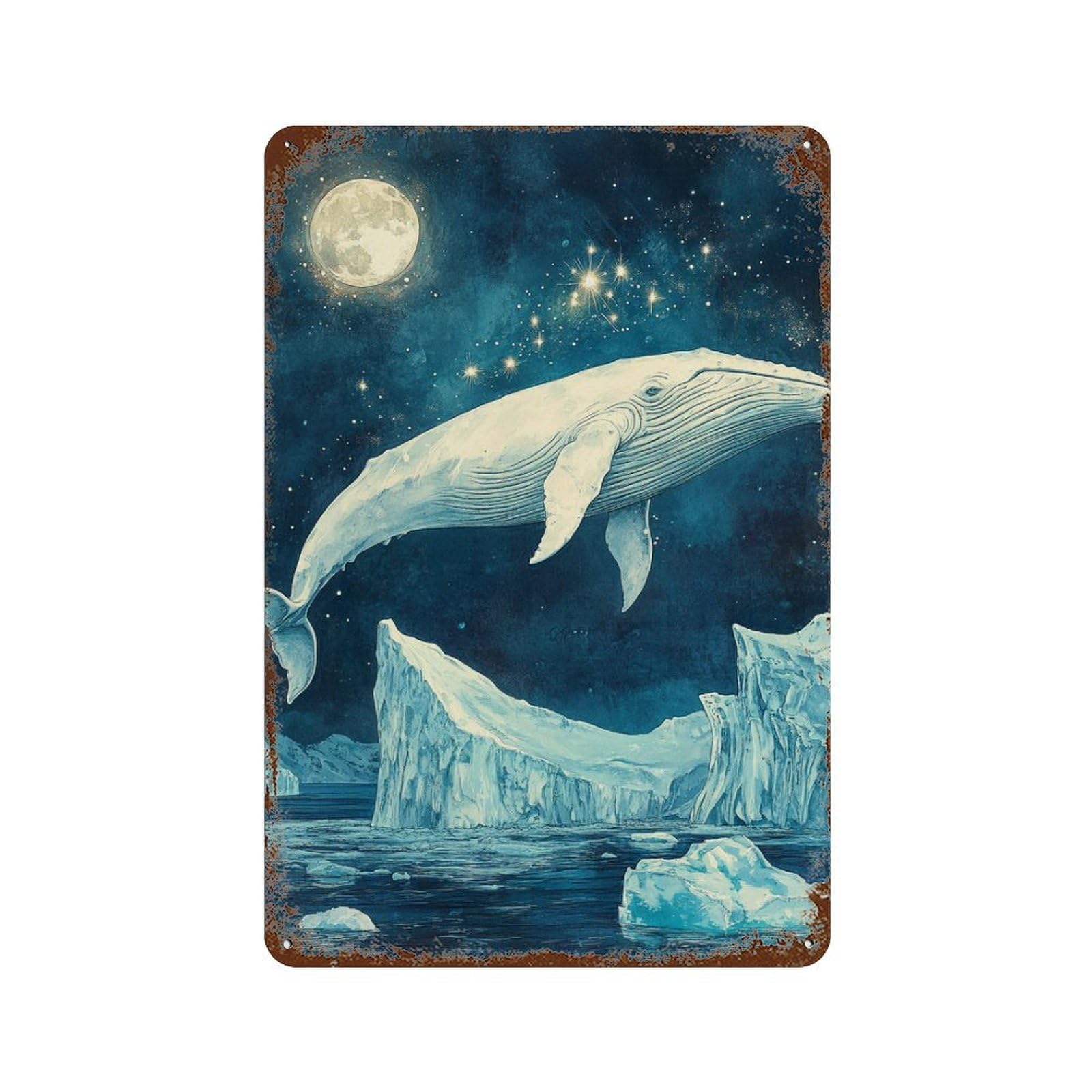 Rust Effect Whale Watching Under The Moonlight Vintage Rust Metal Sign 11.8"x7.9", Old School Wall Decor for Cafe, Home Bar And Lounge Decor