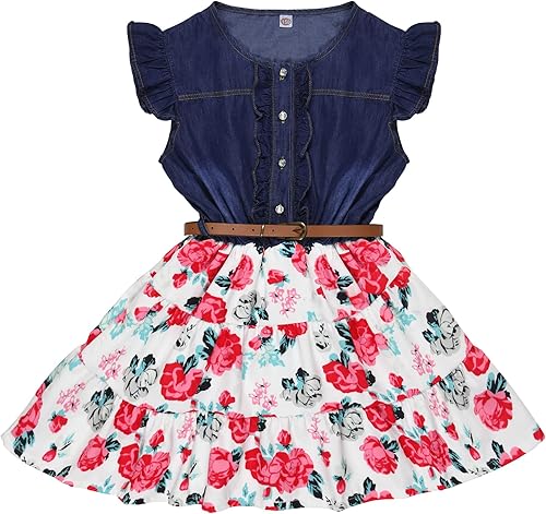 YJ.GWL Vestido de niña de flores, vestido floral de mezclilla, vestidos de princesa para niñas, vestido blanco de primavera y verano, trajes