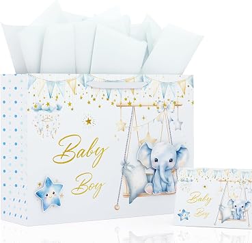 slapaflife Extra Large Baby Boy Gift Bag for Baby Shower,16 Cute Blue Elephant baby boy Gold Foil Gift Bag with Card and Tissue Paper,Baby Shower, Baby Birthday