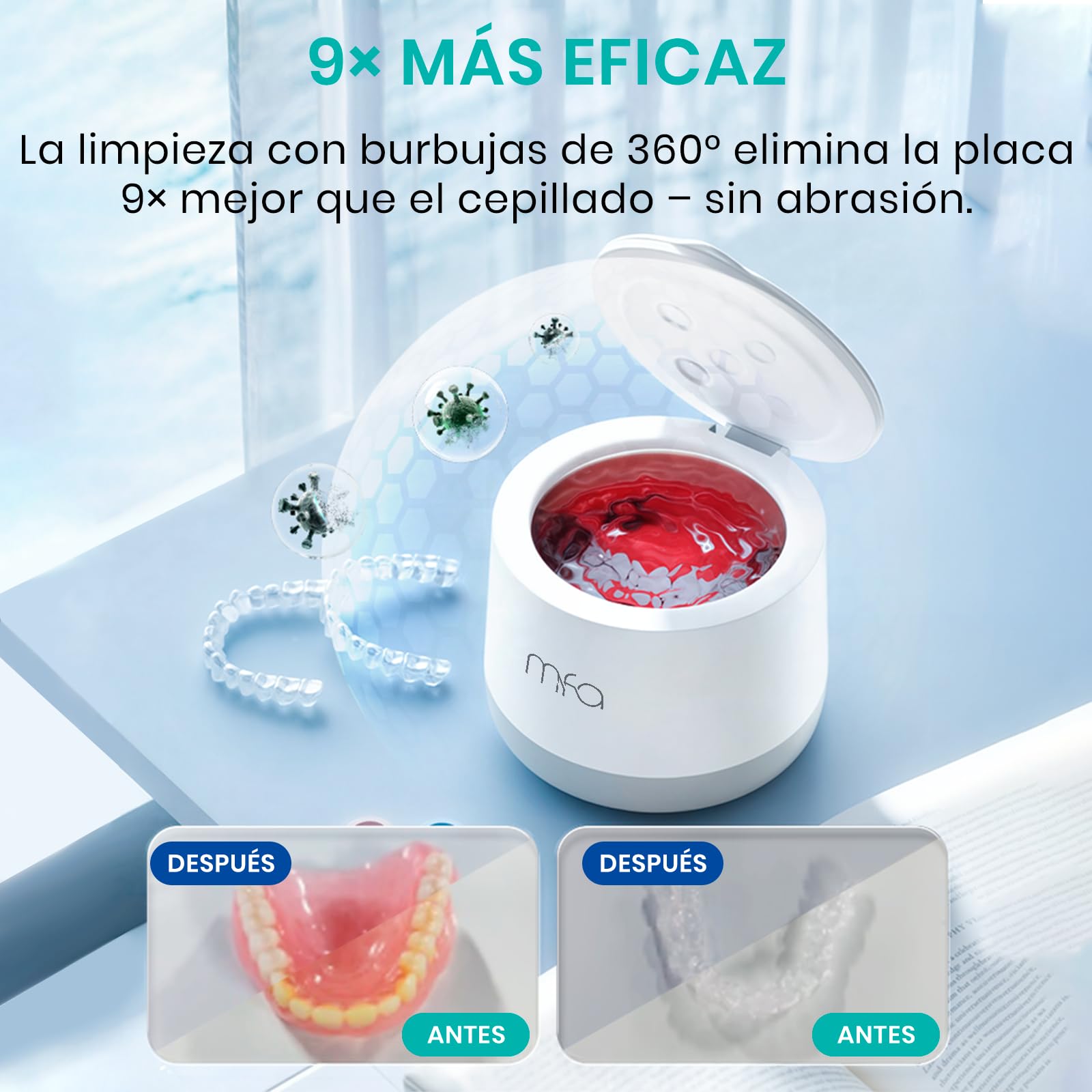 mfa | Limpiador ultrasónico para prótesis dentales, ortodoncia, férulas, retenedores, alineadores, dentaduras, joyas, aparatos dentales | Ultrasonic Dental Cleaner