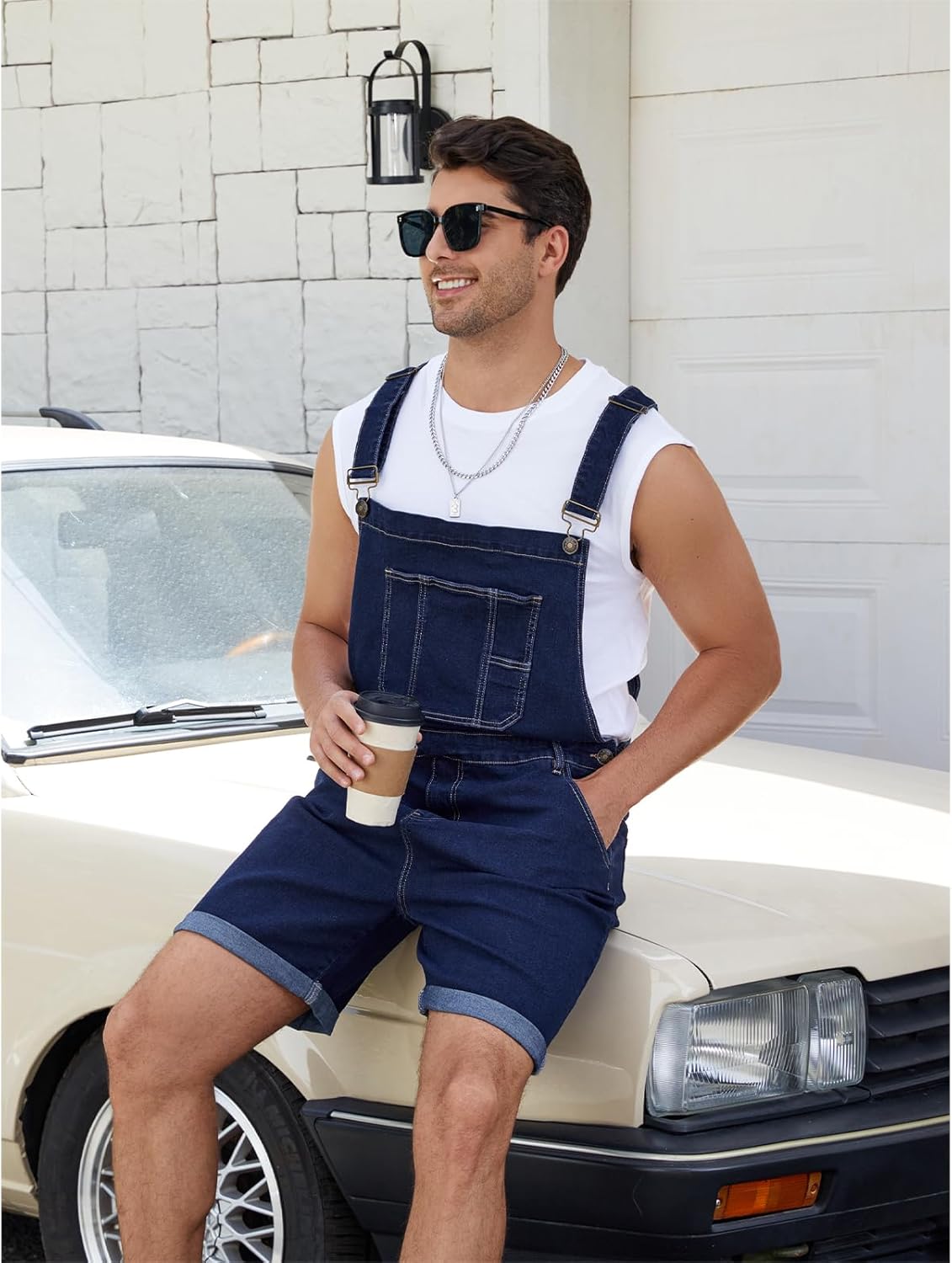 Mens Denim Shorts Bib Overall Jean Romper Casual Loose Fit Walkshort Summer Jumpsuit Coveralls with Zipper - Image 2