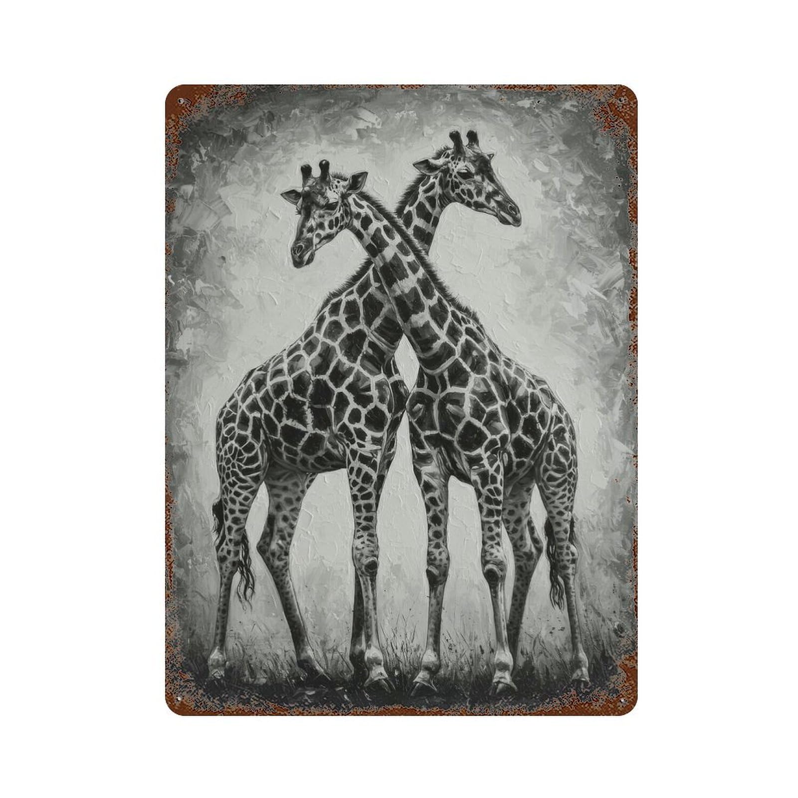 Giraffe Pair in Black And White 15.7"x11.8" Vintage Rust Metal Sign, Decorative Metal Wall Art for Living Room, Hallway And Home Decor