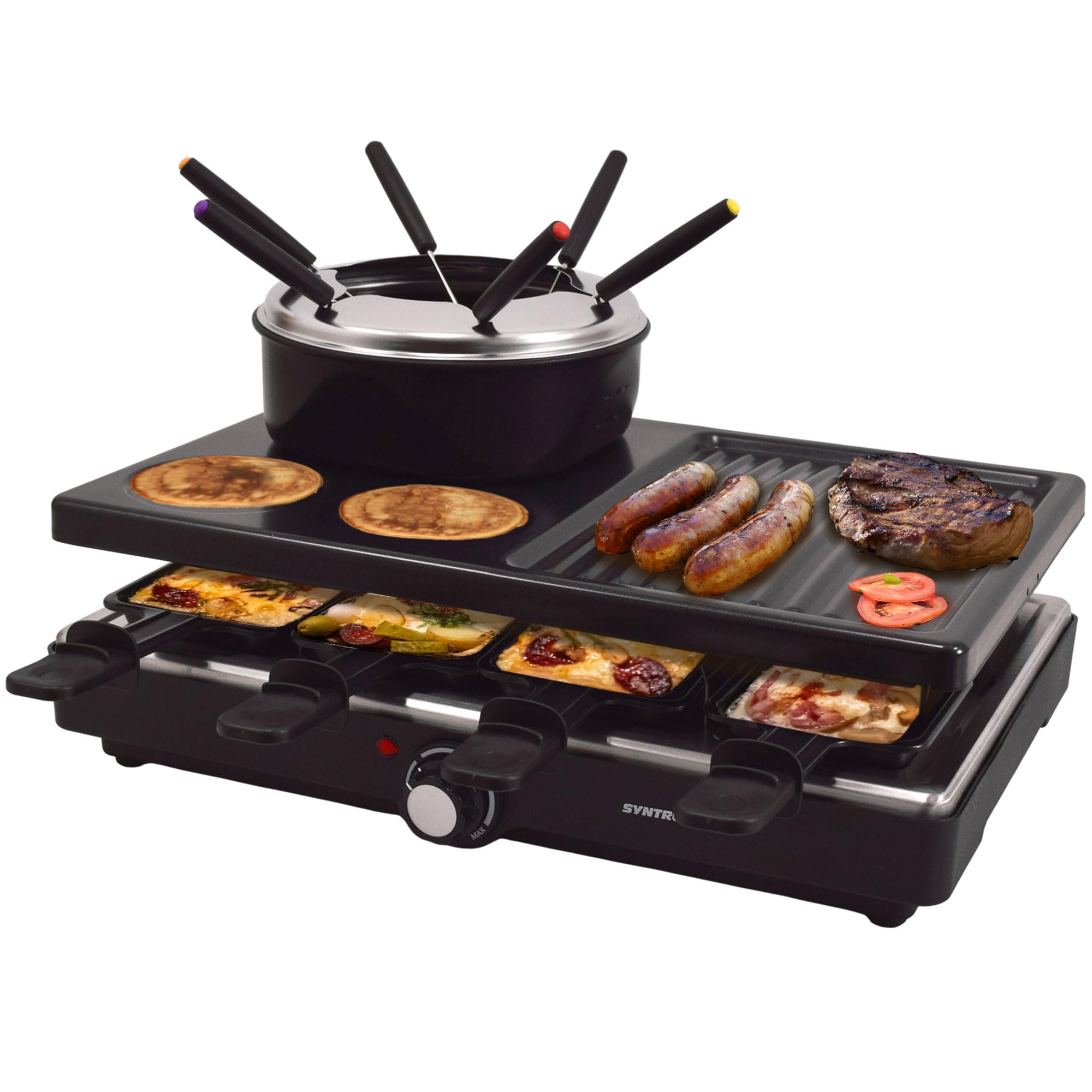 Syntrox Raclette Fondue 2in1 für 8 Personen, 1400 W, antihaft Grillplatte, 8 Pfännchen, 1,4 l Fondue-Topf, Thermostatsteuerung