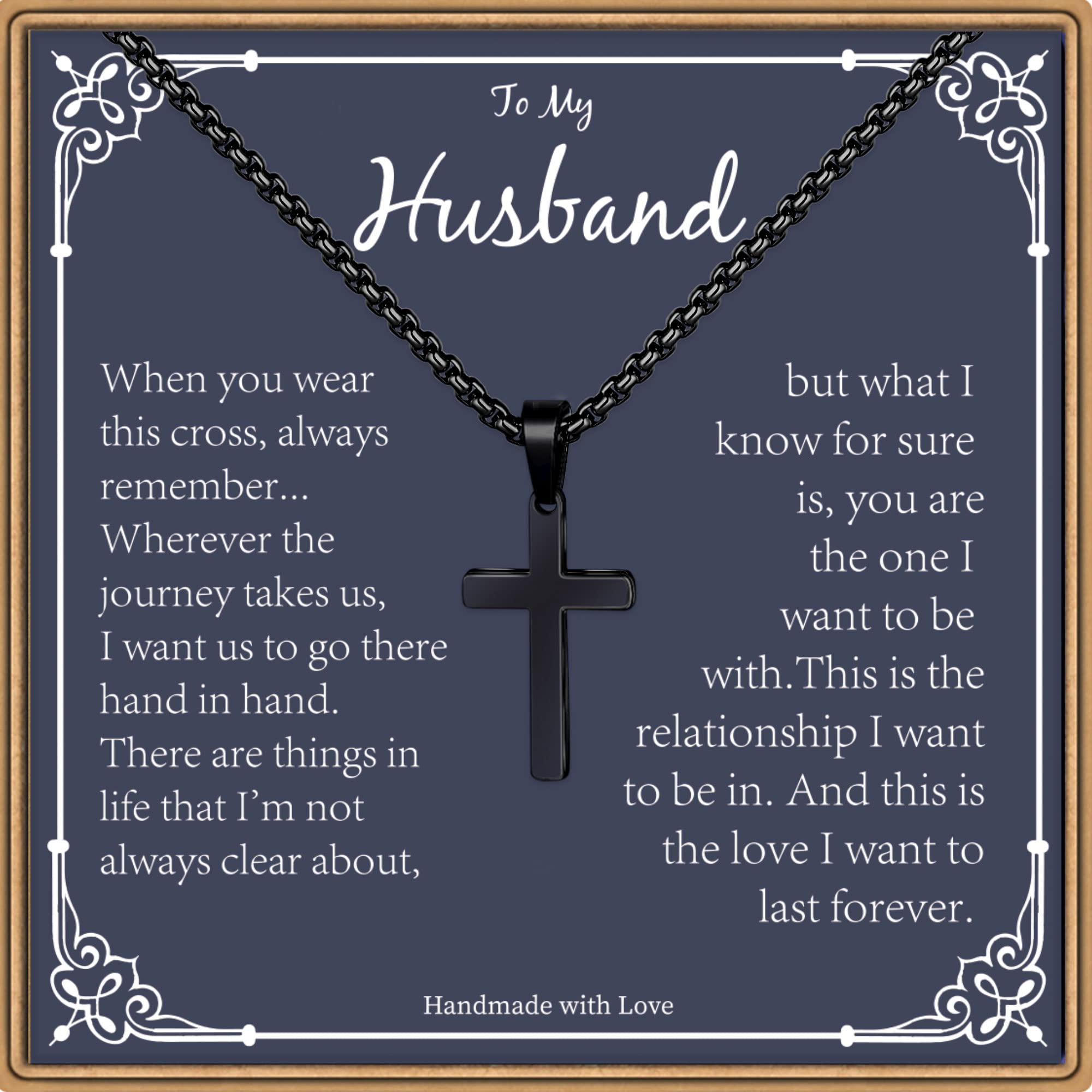 PAERAPAK Husband Gifts from Wife, Silver/Black Cross Necklace Cuban Chain for Husband, Anniversary Christmas Birthday Valentines Day Gifts for Him