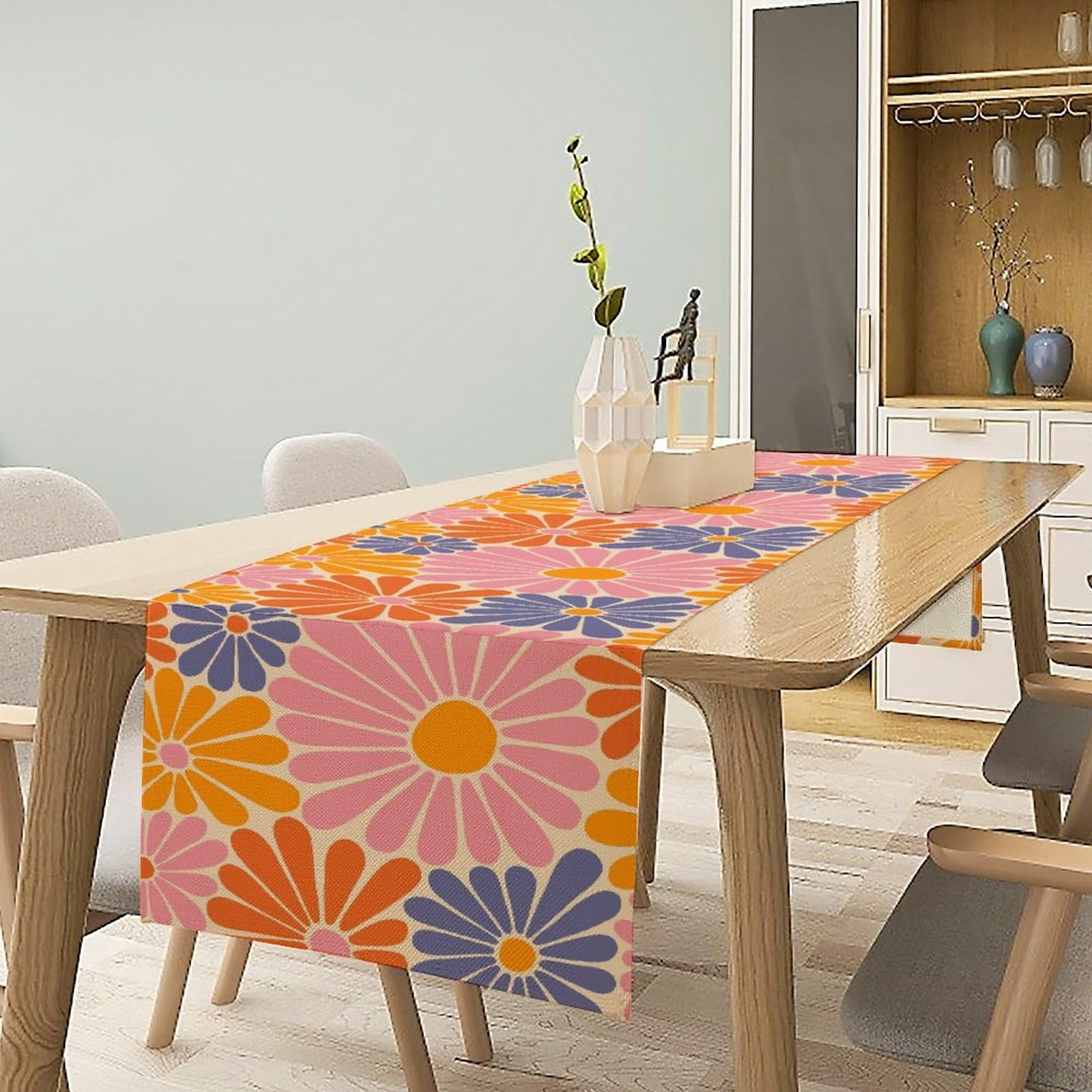Hippie Floral Table Runner, 1970s Retro Orange Pink Blue Flower Boho Groovy Daisy Flowers Aesthetic Print Table Runner for Party Picnic Dining Room Kitchen 13x36 Inch