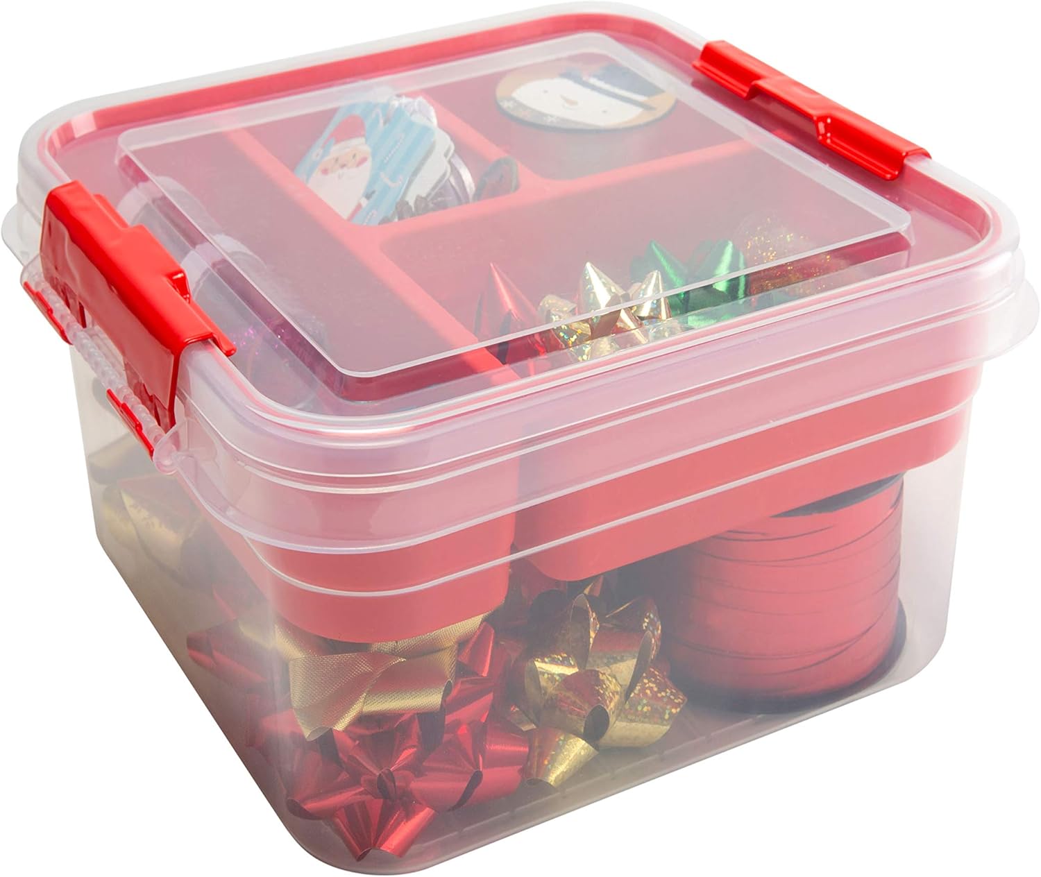 Simplify 5 Compartment Gift Supply Storage Box | 2 Tier Box | Red | Clear Top Lid | Dimensions: 9.5"x 9.5"x 4.5" | Snap Handle| Storage | Wrapping Accessories - Image 7