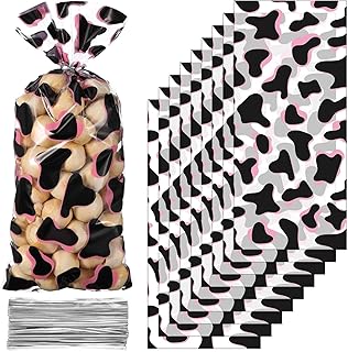 Pasimy 100 Pcs Pink Cow Print Gift Bags Pink and Black Goodie Cowgirl Cellophane Treat Bags Farm Animal Plastic Candy Wrap with 100 Twist Ties for Cow Baby Shower Birthday Party Supplies Favors