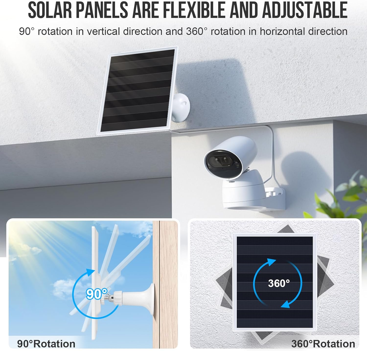 6W Solar Panel Charger, Solar Panel with Micro USB & USB-C Port for DC 5V Outdoor Rechargeable Battery Camera, IP66 Waterproof, 360° Adjustable Security Mount, 2PC