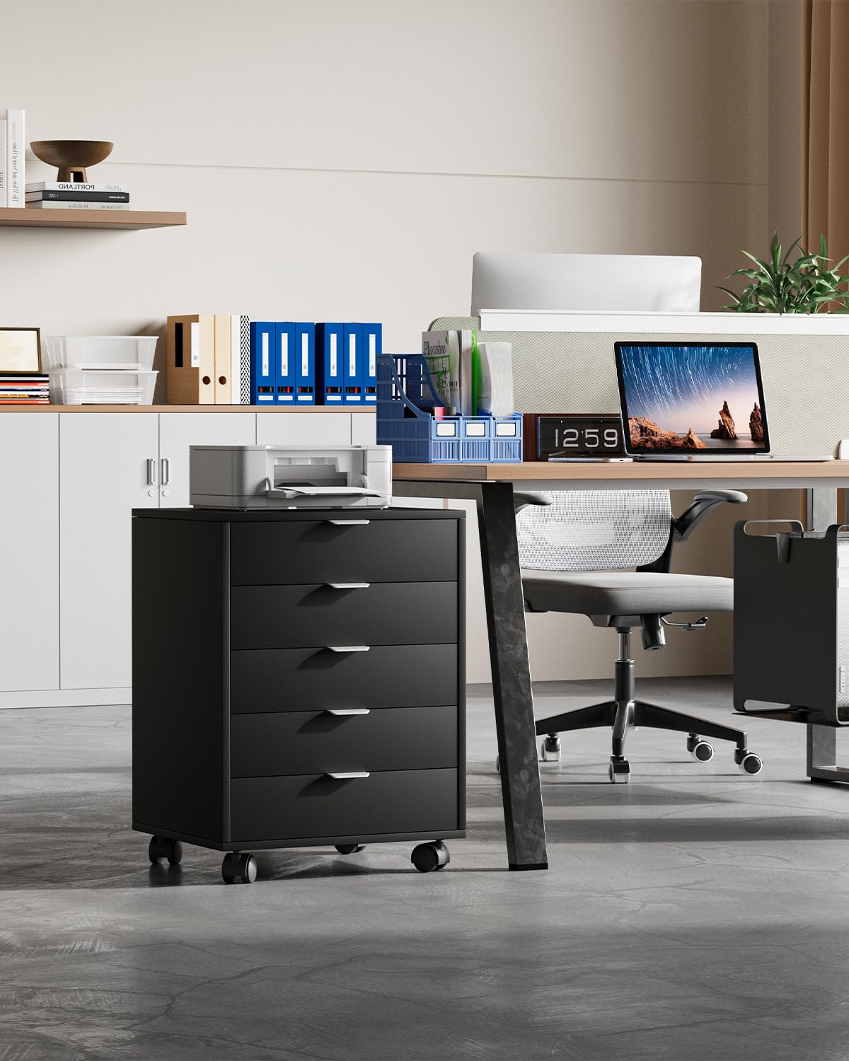 ELUCHANG Schubladenschrank, Rollcontainer, Mobiler Aktenschrank mit 5 Schubladen, Unter Schreibtisch SchrankBüro, Schubladenkommode für Zuhause Büro, Homeoffice, Schwarz