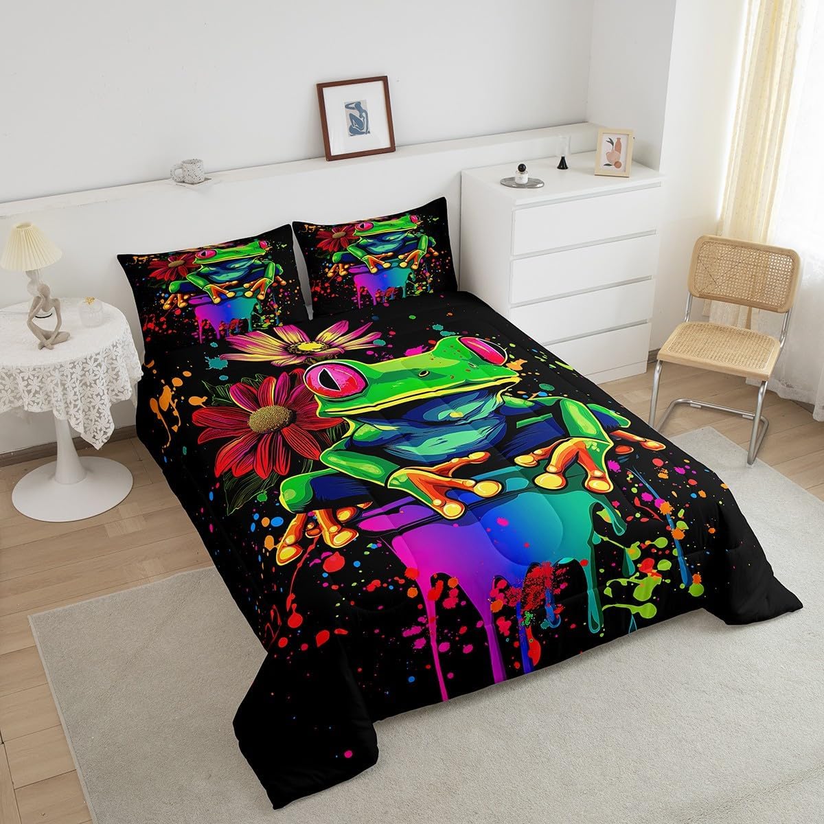 Erosebridal Tie Dye Frog Bedding Full Size,Rainbow Graffiti Style Duvet Insert for Kids Boys Girls Teens,Rose Flower Cartoon Animal Comforter Set,Microfiber Floral Decor Quilted Comforter Soft