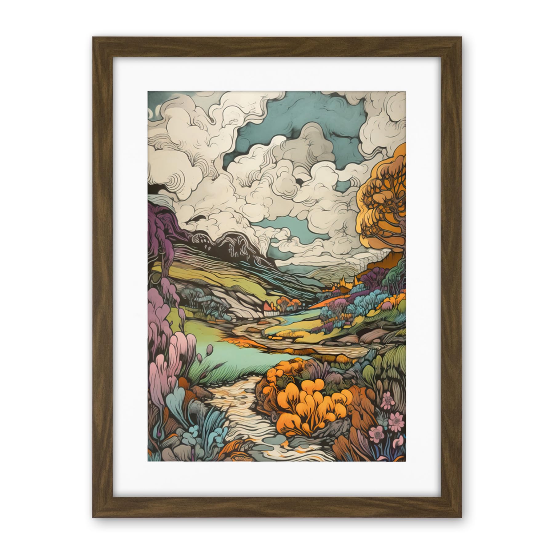 Artery8 Meadow River Multicoloured Landscape Illustration Artwork Framed Wall Art Print 18X24 Inch