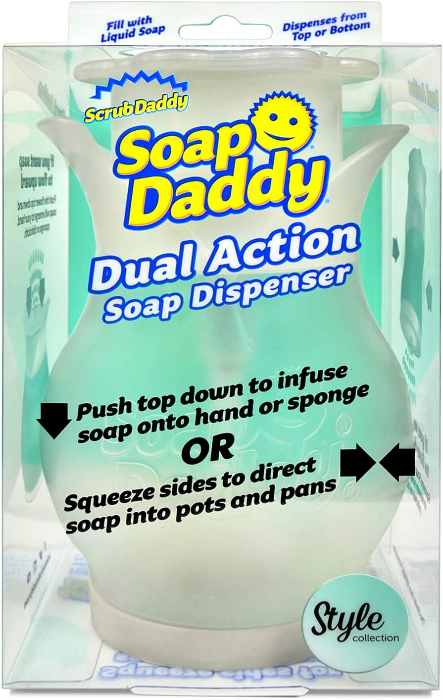 Scrub Daddy - Dispensador de jabón recargable para la encimera de la cocina y el baño. Doble acción con laterales de fácil agarre, multiusos, 1 unidad