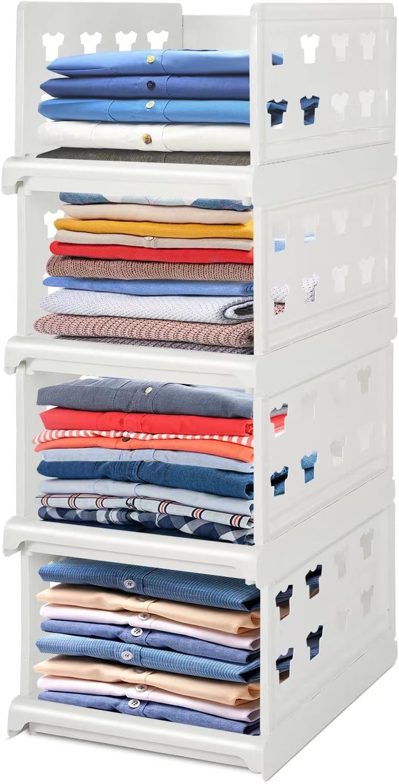 Hossejoy Extra Large Set of 4 Stackable Wardrobe Storage Organiser, Foldable Wardrobe Storage Box Organizer, Plastic Closet Organiser Shelves Basket, Perfect for Home, Bedroom, Office