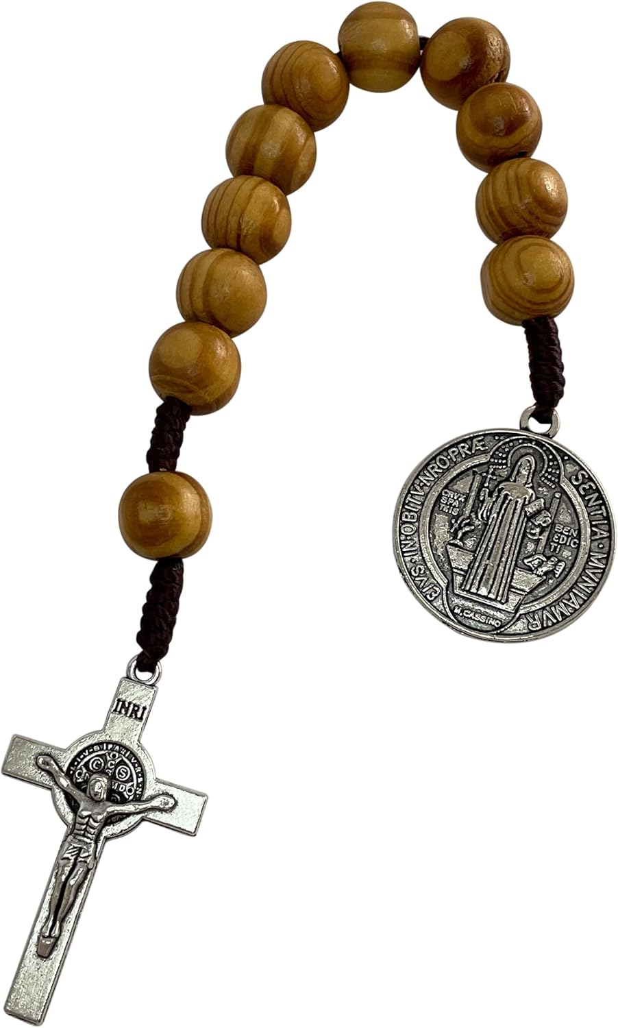 Treasure4U-Store Saint Benedict Medal Prayer Pocket Rosary Catholic Brown Wood Beads San Benito Tenner Open Style One Decade Rosary - Image 8