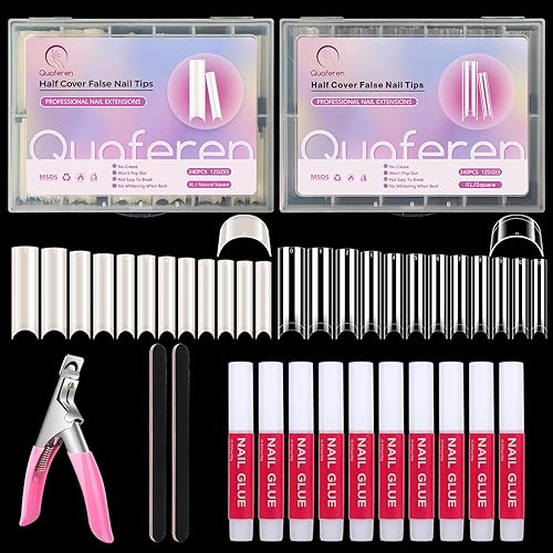 480PCS Extra Long C Curve Nail Tips and Glue, 2 Packs Natural and Clear Acrylic for Nails Professional Set, 12 Sizes Artificial Straight Square French False Nail Tips