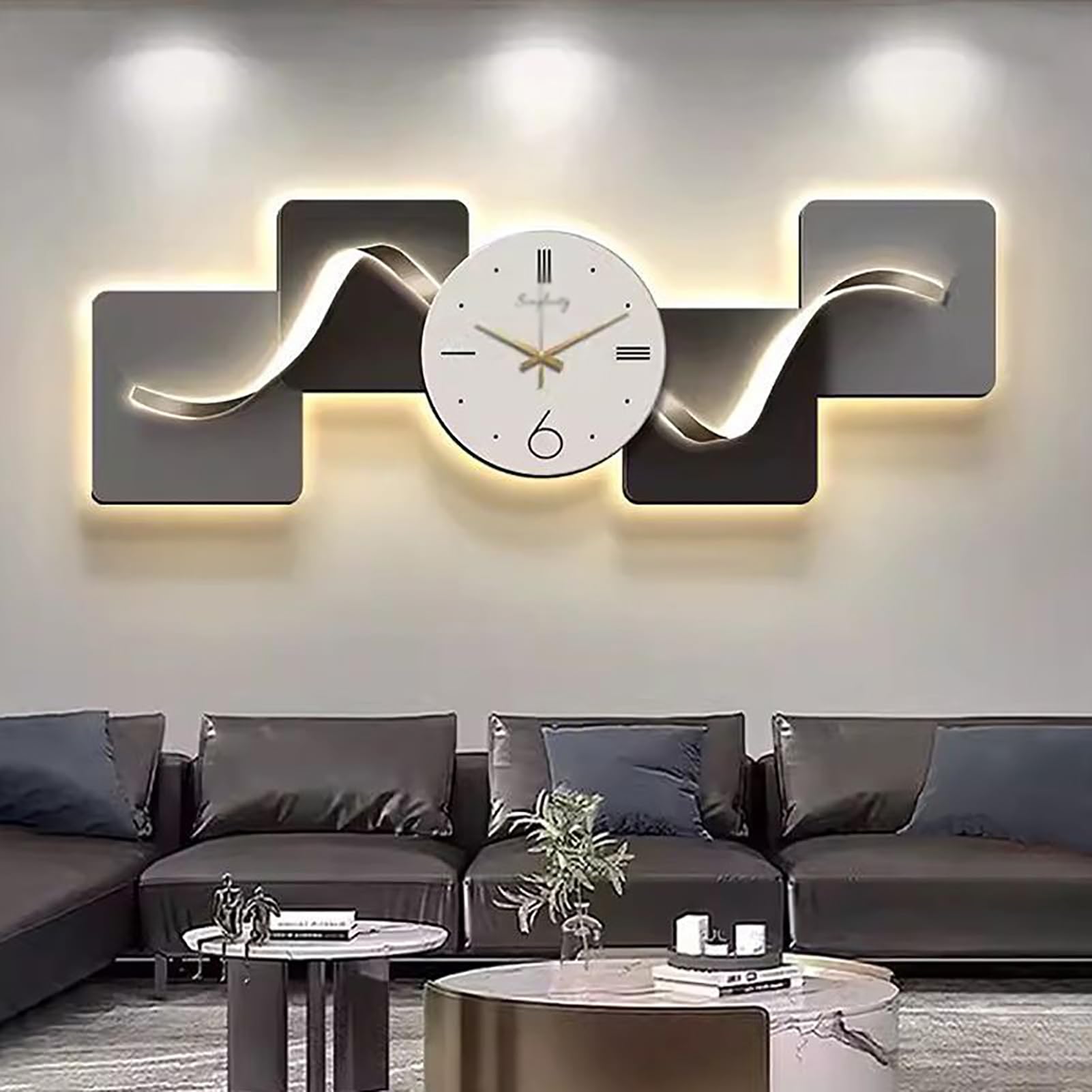 Reloj de pared, diseño decorativo silencioso sin tictac para sala de estar, arte moderno de pared para el hogar con estilo geométrico iluminado