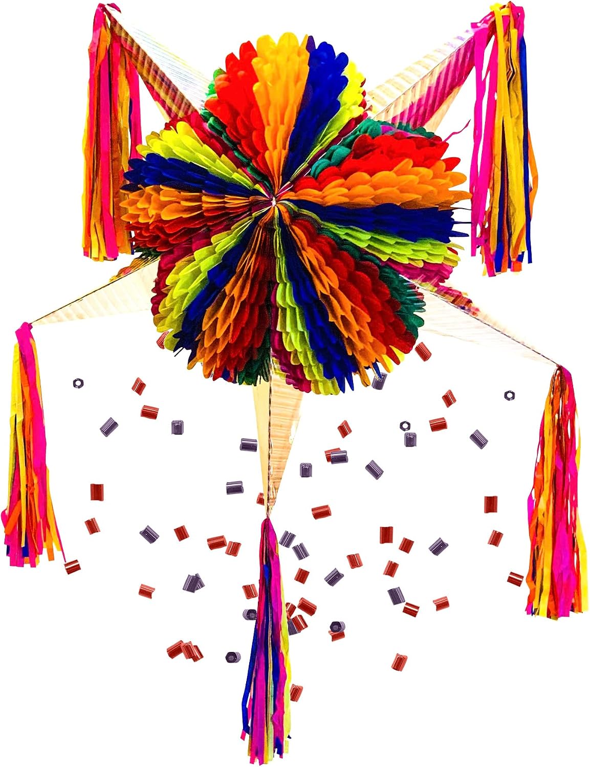 TexMex Fun Stuff - Jumbo Cinco de Mayo Pinata, Rainbow Mexican Star Pinata with 5 Silver Cones and 30 Ft Rope Included, Holds up to 5 Pounds of Pinata filler, 33 Inches Unfolded and Expanded Handmade Adult Piñata