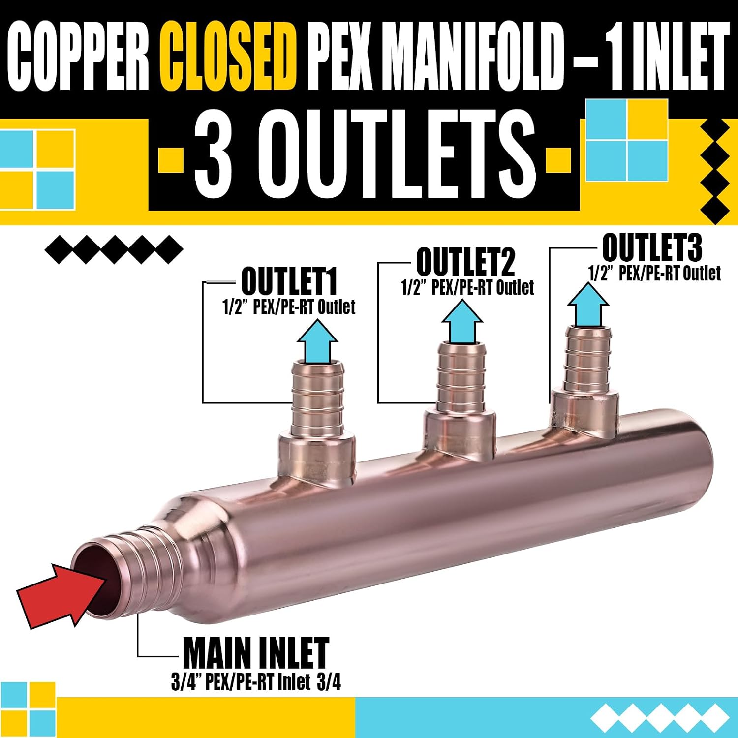 Zonon 2 Pack 3 Port Closed Crimp Copper Pex Manifold Tee 3/4 Inch Inlet 1/2 Inch Outlets 3 Port Lf Copper Plumbing Fitting Compatible with Pex PE Rt Tubing for Plumbing Manifolds