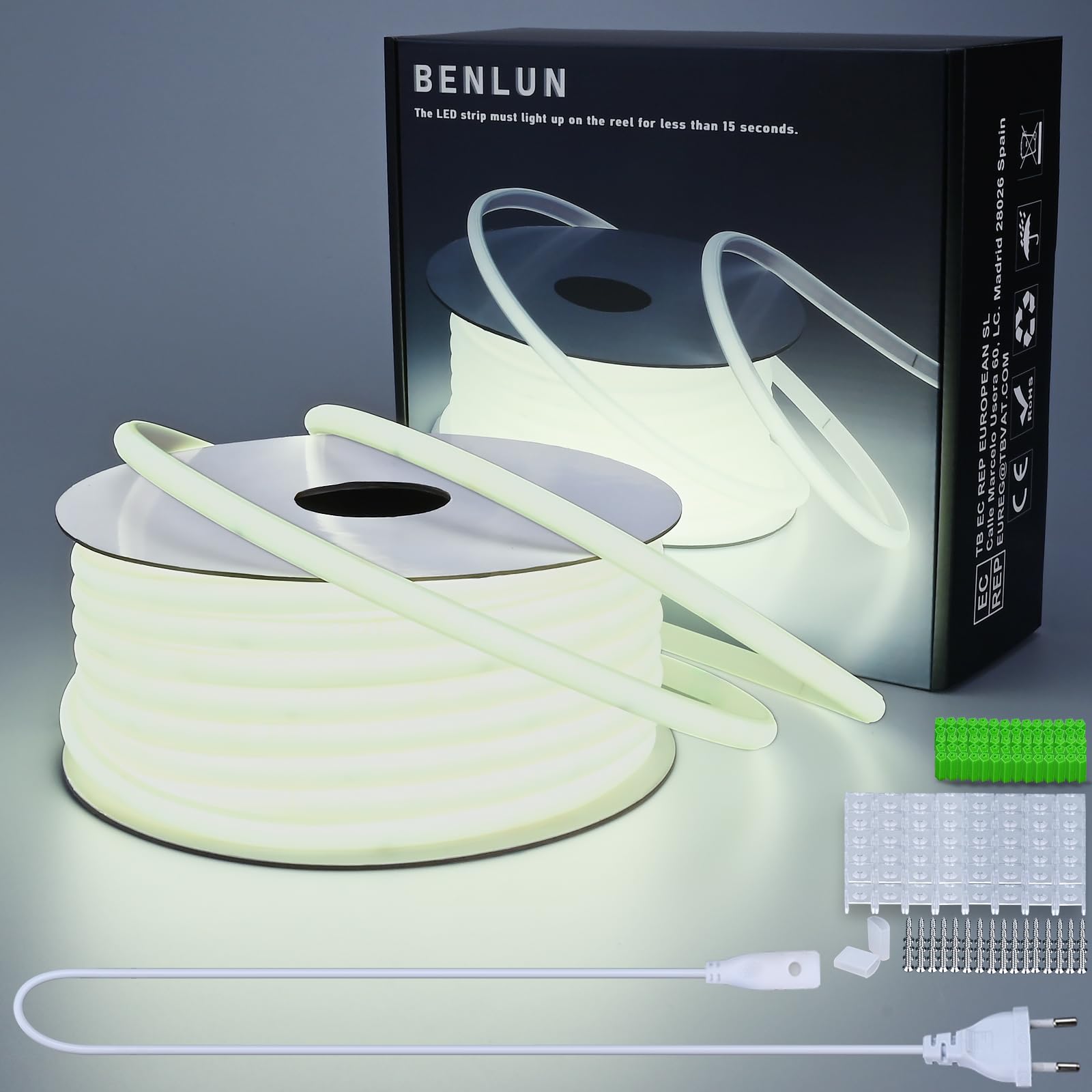 BENLUN Taśma COB LED 220V na Zewnątrz 30M 6000K Chłodna Biała, 300W CRI 90+ IP65 Przycinana bez Transformatora do Ogród, Biuro, Pergola | 6000K zimne białe światła LED wysokiej jasności 300W 296LEDs/m CRI 90+ elastyczne cięcie do pokoju, patio, ogrodu, do
