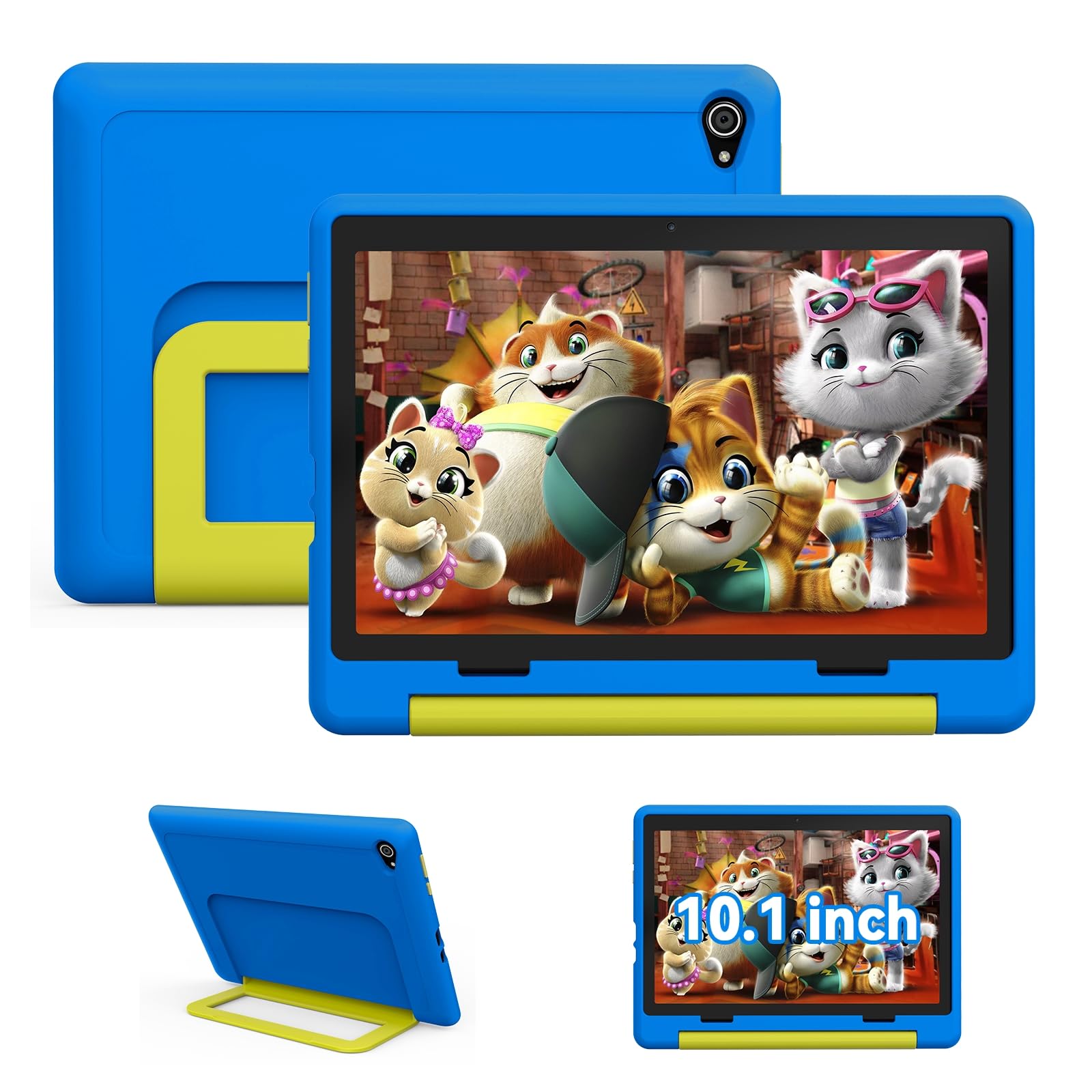Vekoy Tablet Bambini 10 Pollici Android 14 Display HD 1280x800 Batteria 5000mAh 8+64GB Espandibile a 1TB Doppia Fotocamera 5+8MP Custodia Protettiva + 3 Adesivi DIY (Blu)