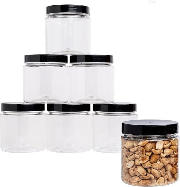 Pack of 6 Small Round Plastic Jam Jars with Lids  Refillable Mini Clear Storage Containers with Airtight Black Lids for Kitchen use, Preserve Pots, Dry Foods, Sweets, Spices & More. (290ml 6 Pack)