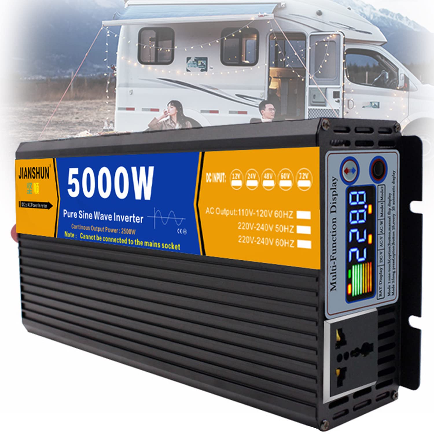 3000W 4000W 5000W 6000W 8000W wysoka wydajność czysta fala sinusoidalna przetwornice napięcia DC12V/24V do AC 110V/220V ~ 240V konwerter, z wyświetlaczem LCD i gniazdka AC do domu RV,5000W-12Vto110V