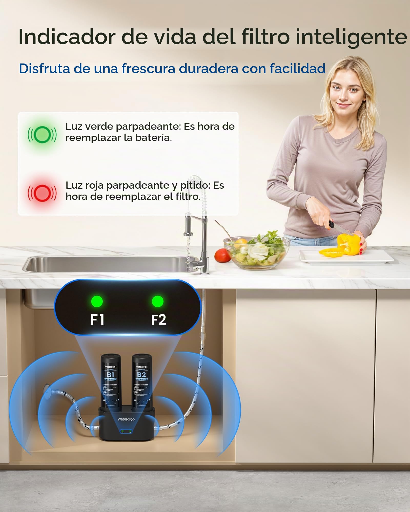 Waterdrop DLA Filtro De Agua Bajo Fregadero, Sin Taladrar, Reduce Cloro, PFAS, Sabor/Olor, Indicador De Vida Del Filtro, 2 Etapas, Fácil Instalación