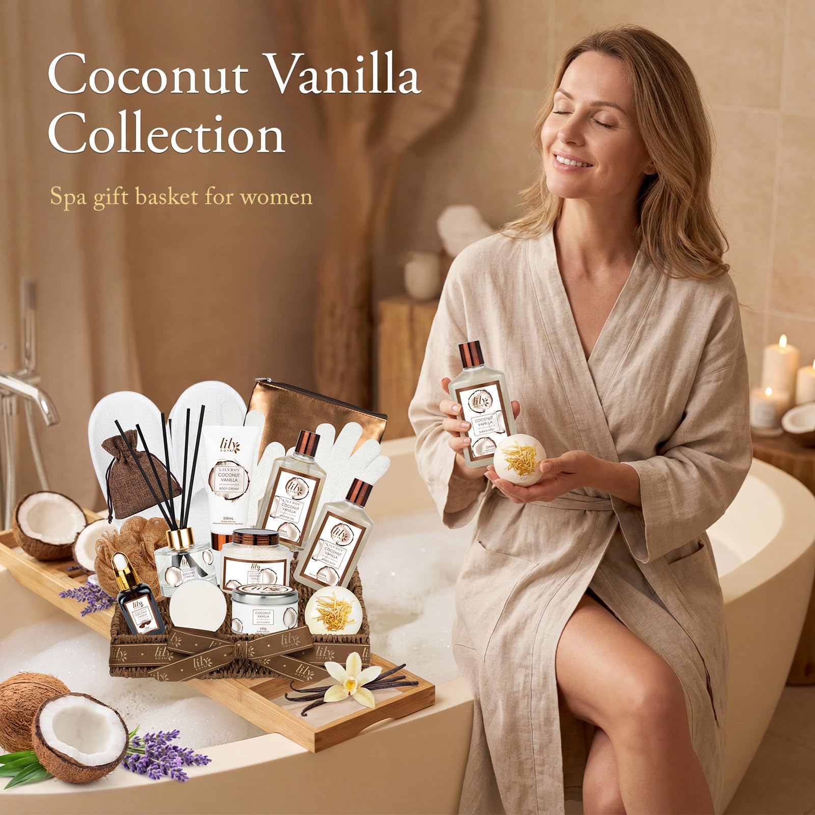 Gifts for Women & Men, Coconut Vanilla Birthday Gift Basket, Spa Gift Basket for Women, Bath and Body Spa Gifts for Mom & Dad, Spa Gift Set Designed for Fathers Day, Mothers Day, Christmas Gifts