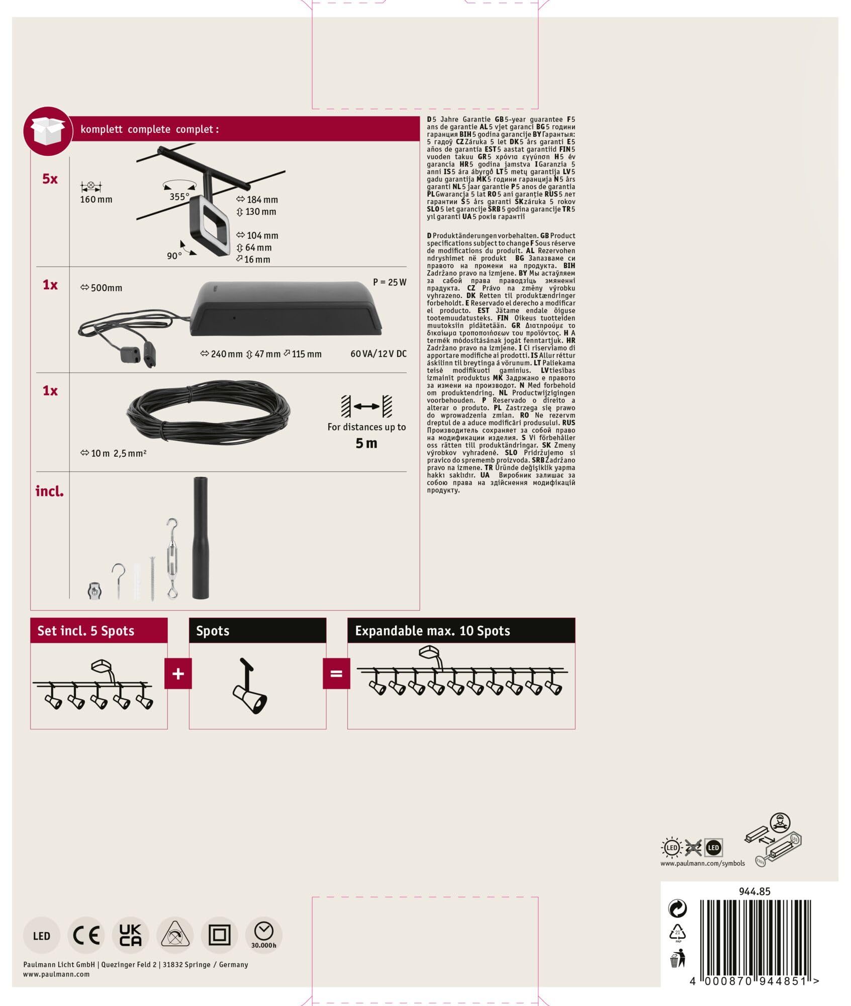 Paulmann 94485 - Kit base a LED, 5 x 400 lm, 5 x 4,8 W, bianco caldo, nero opaco, plastica cromata, metallo 3000 K