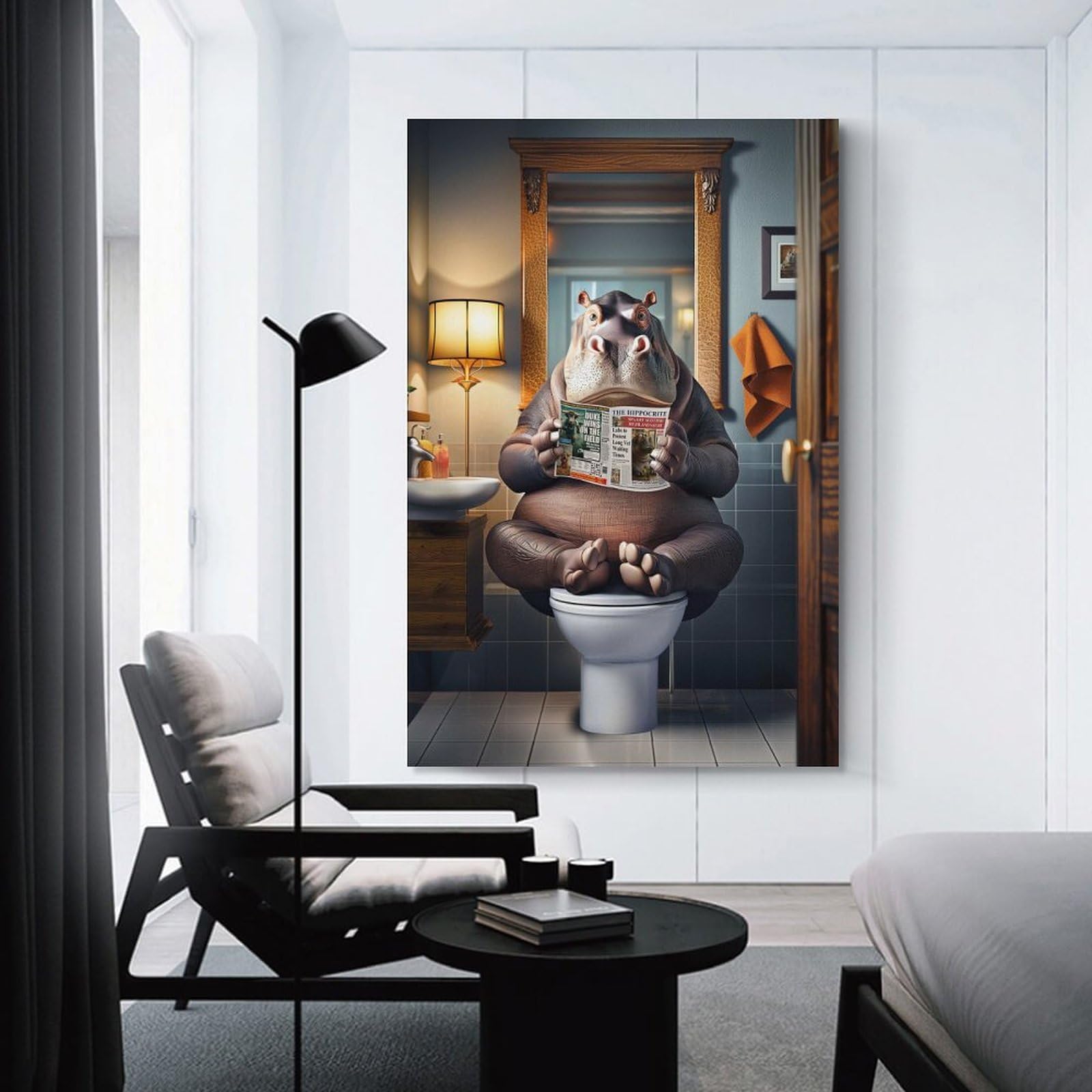 Junmoney Unframe-Style-24 Hippo On The Toilet Wall Picture Print, 20X30inch(50X75cm), For Gallery Wall Decor And Room Displays, A Versatile Canvas Print For Layering