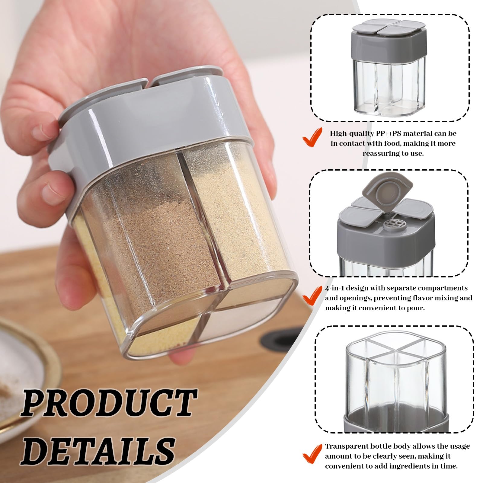 2 Stück Gewürz Dispenser, 4 in 1 Gewürzstreuer Camping, Reisegewürzdose aus Kunststoff, Gewürzdosen mit Fächern, Tragbare Cruet Flasche für Picknick, Lunchboxen, Küche (Grau)