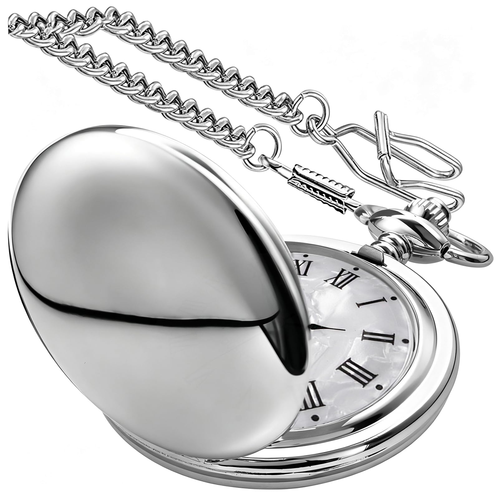 Quartz Pocket Watches Smooth Round Roman Numeral White Dial with Chain Best Gifts…-image-11