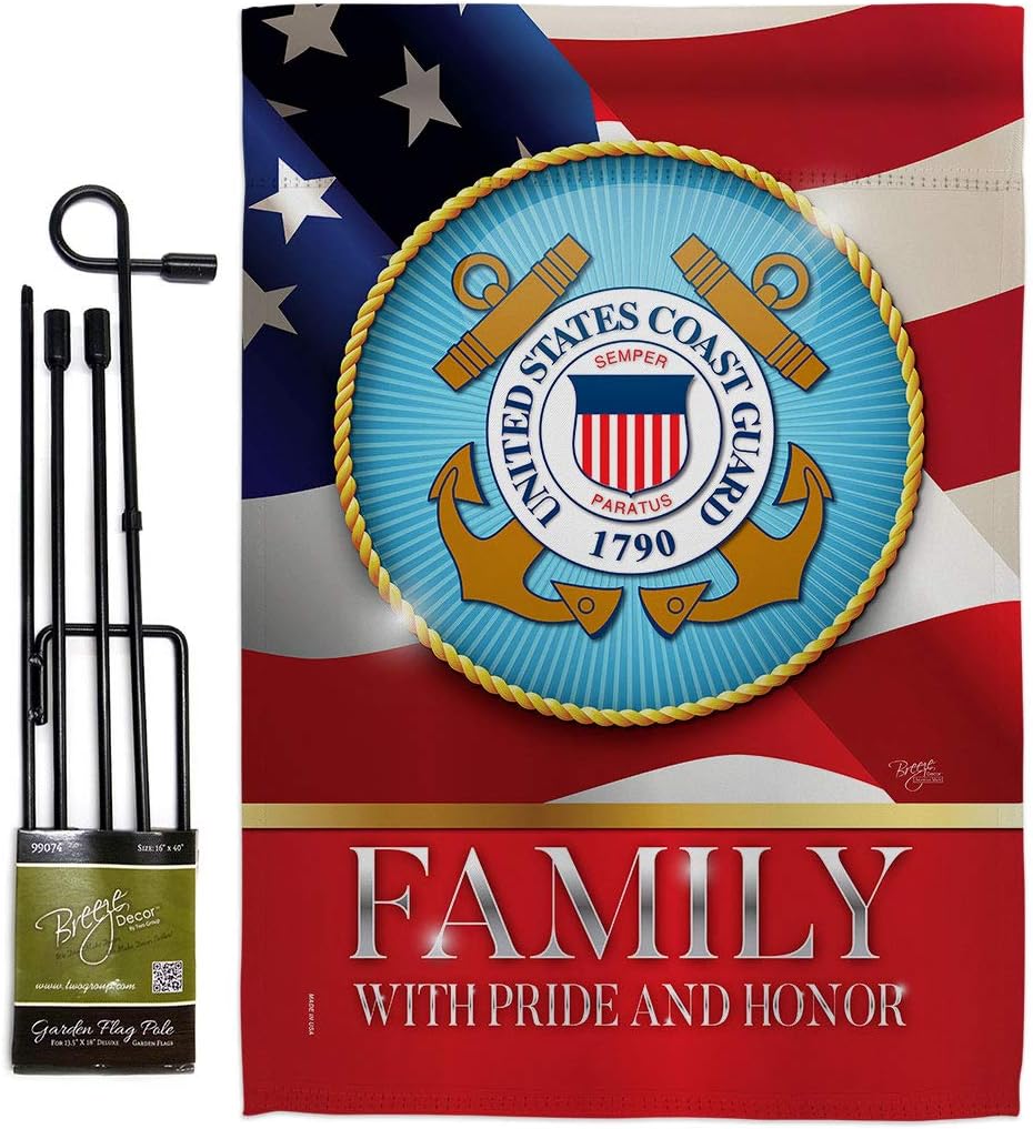 Breeze Decor US Coast Guard Family Honor Garden Flag - Set with Stand Armed Forces USCG Semper Paratus United State American Military Veteran Retire Official - House Yard Gift Double-Sided 13 X 18.5